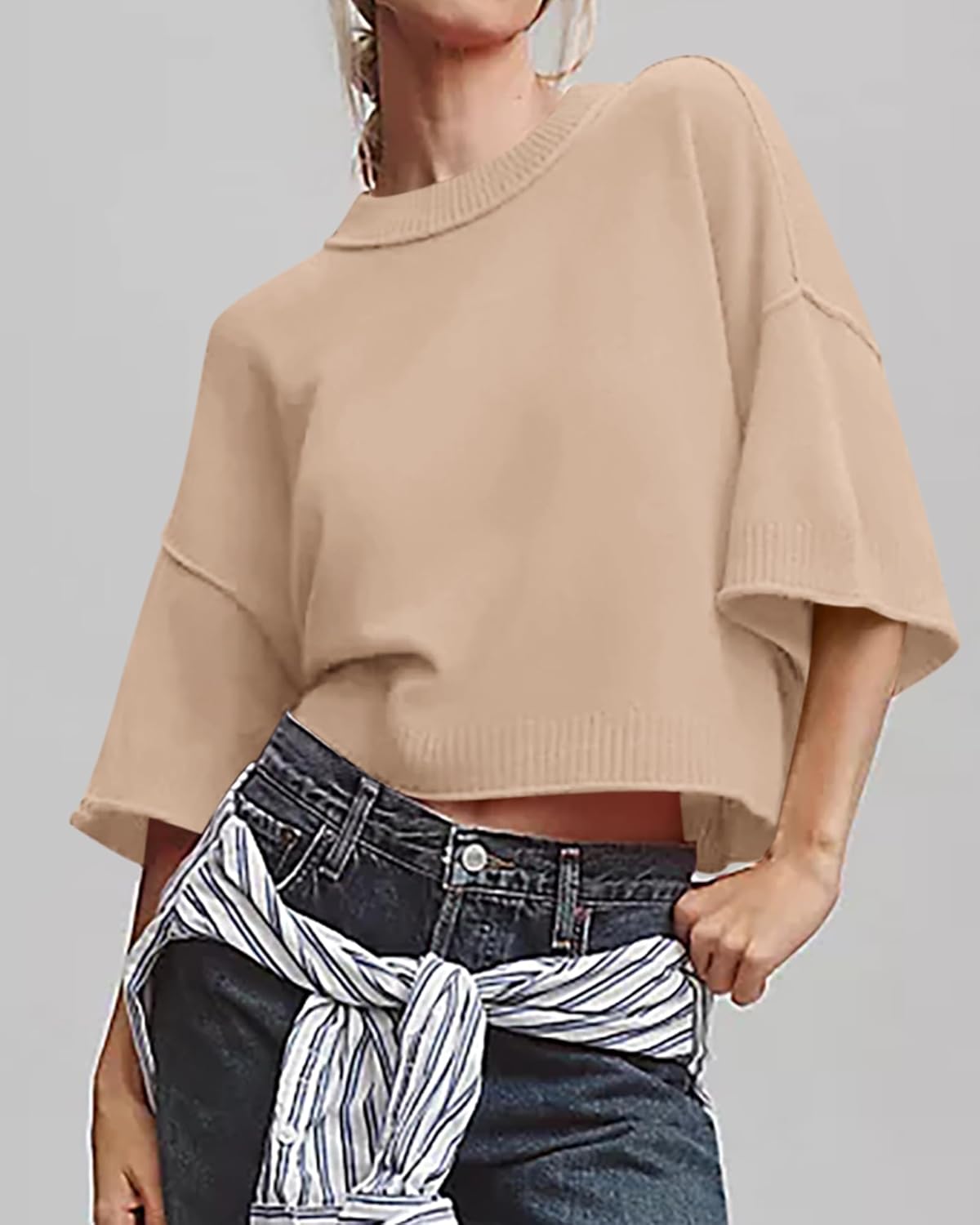 BTFBM Womens Short Sleeve Tops 2025 Summer Casual Crew Neck Oversized Sweater Solid Color Ribbed Knit T Shirts - Image 6