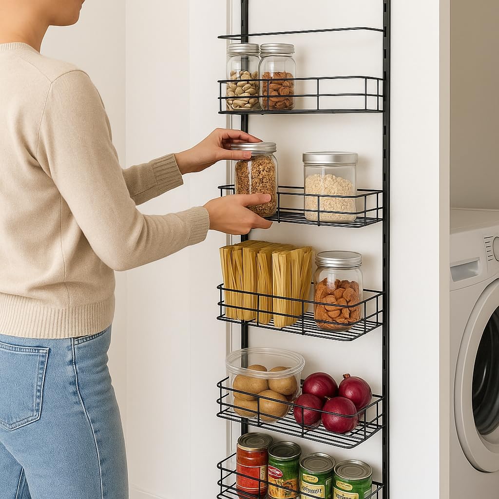USTECH 6-Tier Heavy Duty Over The Door Pantry Organizer, Metal Hanging Storage Rack with Wired Tubing, Adjustable Shelves for Kitchen, Bathroom, Closet, Space-Saving Design, Black