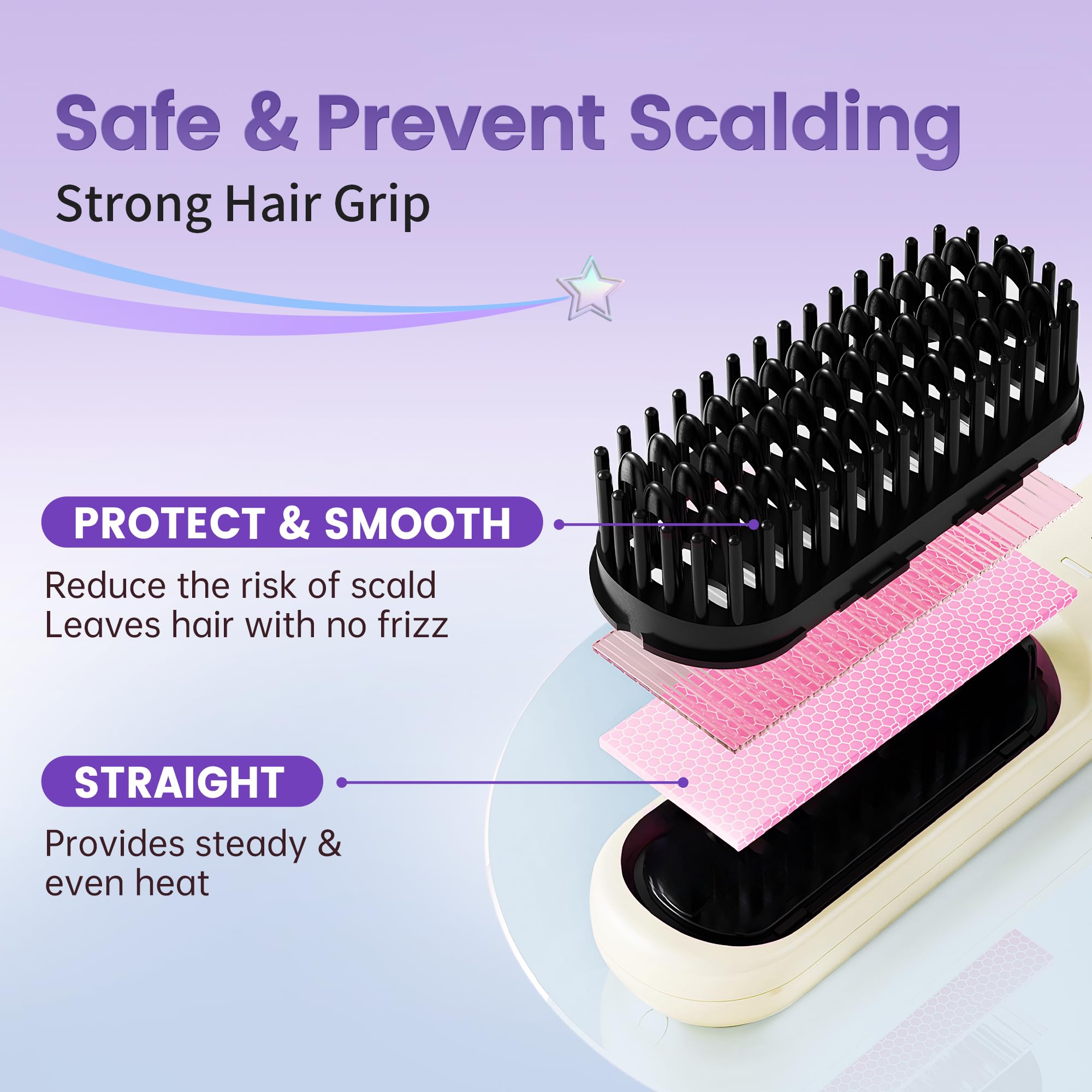 Cordless Hair Straightener Brush, Upgraded Portable Mini Hair Straightener Brush for Travel 4 Adjustable Heat Settings - Image 4