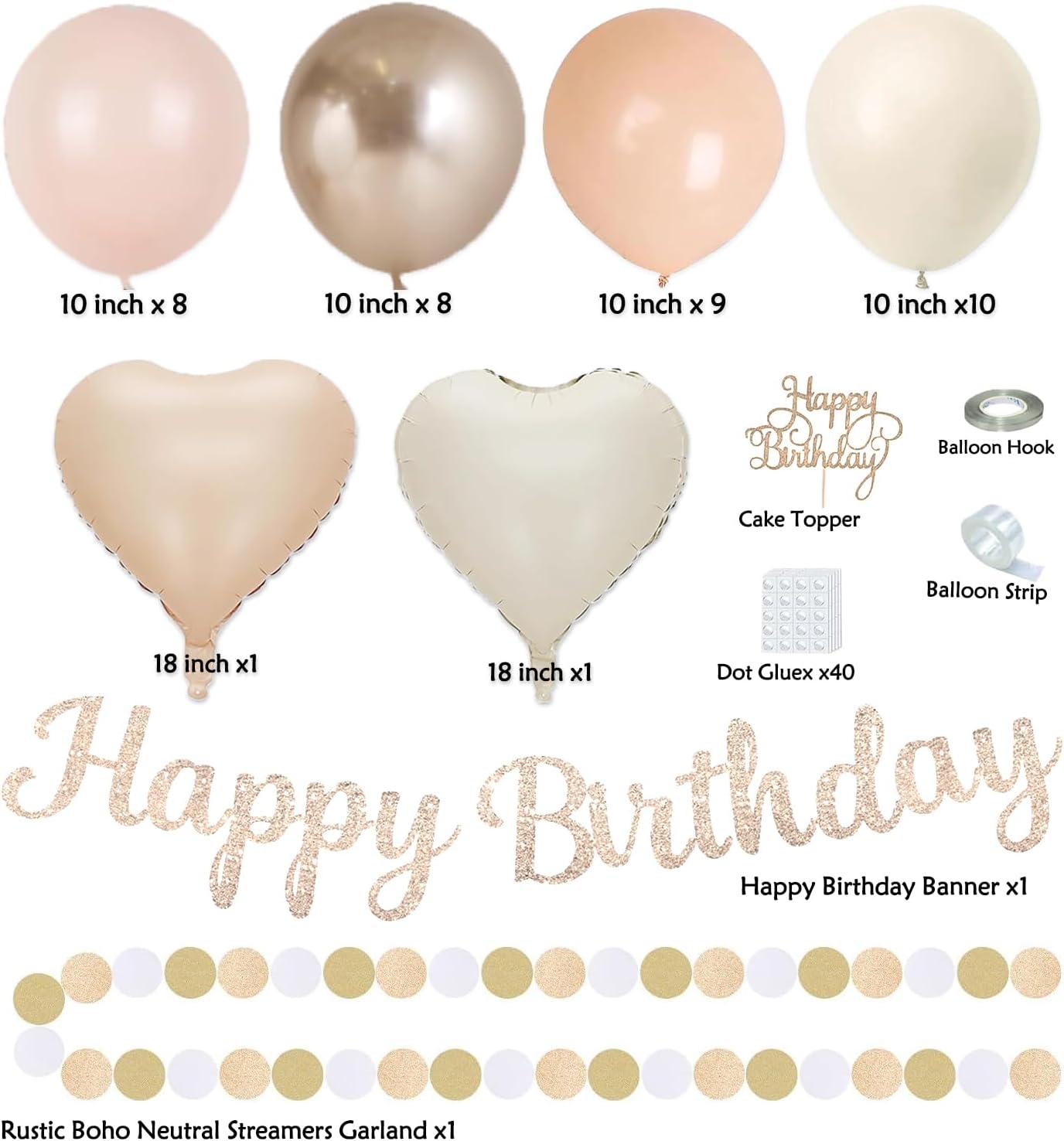 Champagne-Gold Beige Fall Boho Birthday Party Decorations 62pcs Happy Birthday Banner, Peach White Paper Lanterns, Streamers, Tissue Pom Poms, Blush Beige Boho Party Balloons, Rustic Backdrop Decor - Image 3