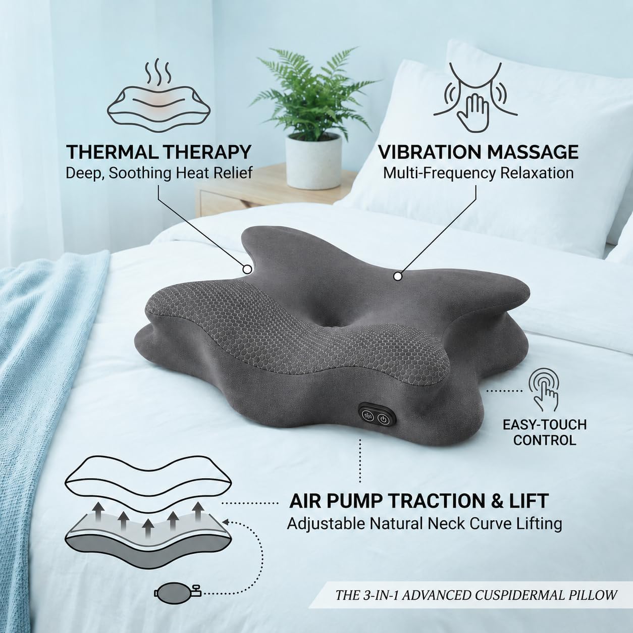 3-in-1 Cervical Neck Pillow for Pain Relief, Rechargeable Side Sleeper Pillows with Heat Vibration Airbag Lift, Memory Foam Contour Pillow for Side Back Stomach Sleepers (Vibration-Gray)
