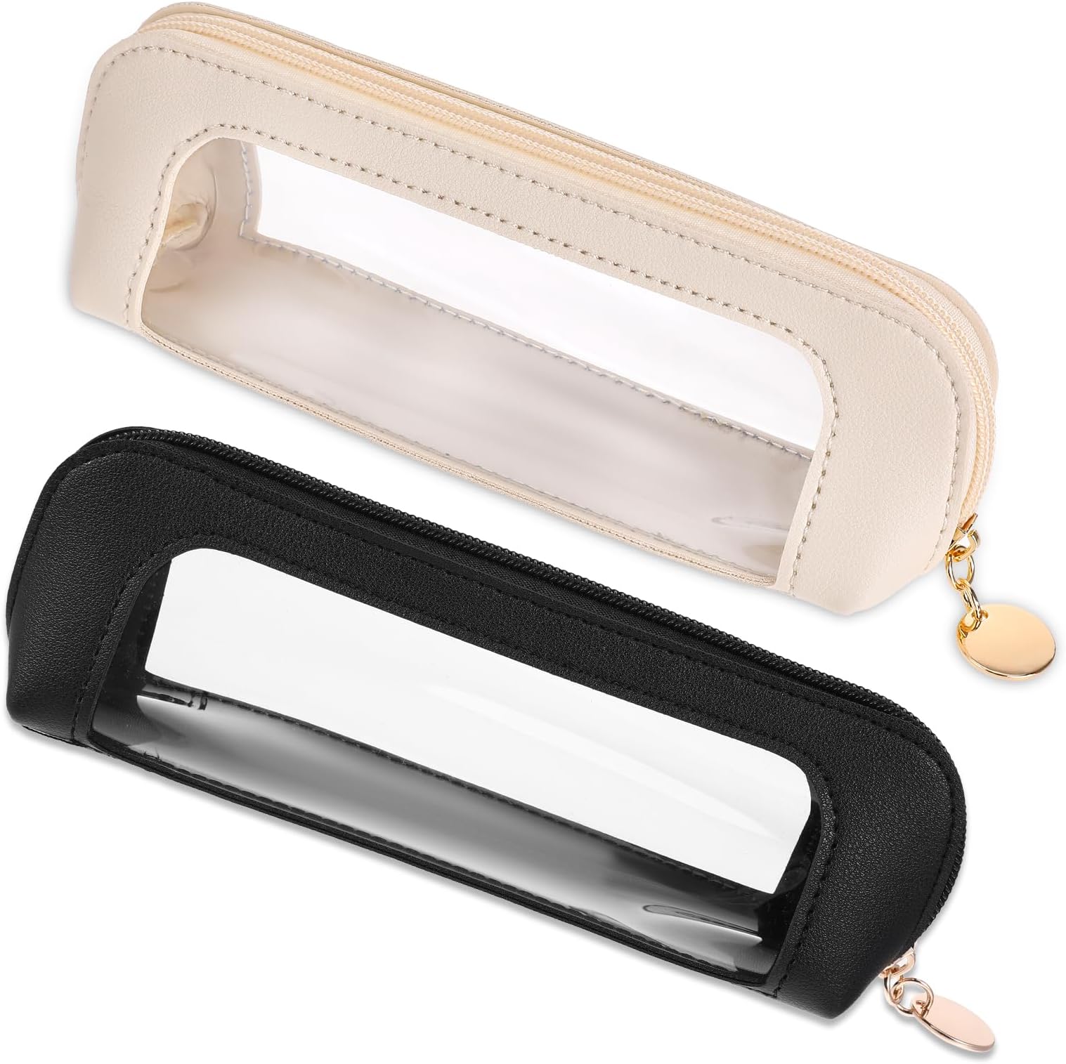 Small Clear Makeup Bag, 2 Pcs PU Leather Makeup Brush Bag Portable Transparent Waterproof Small Cosmetic Organizer Pouch with Zipper for Women Home Travel Office Cosmetic Storage (Beige, Black)