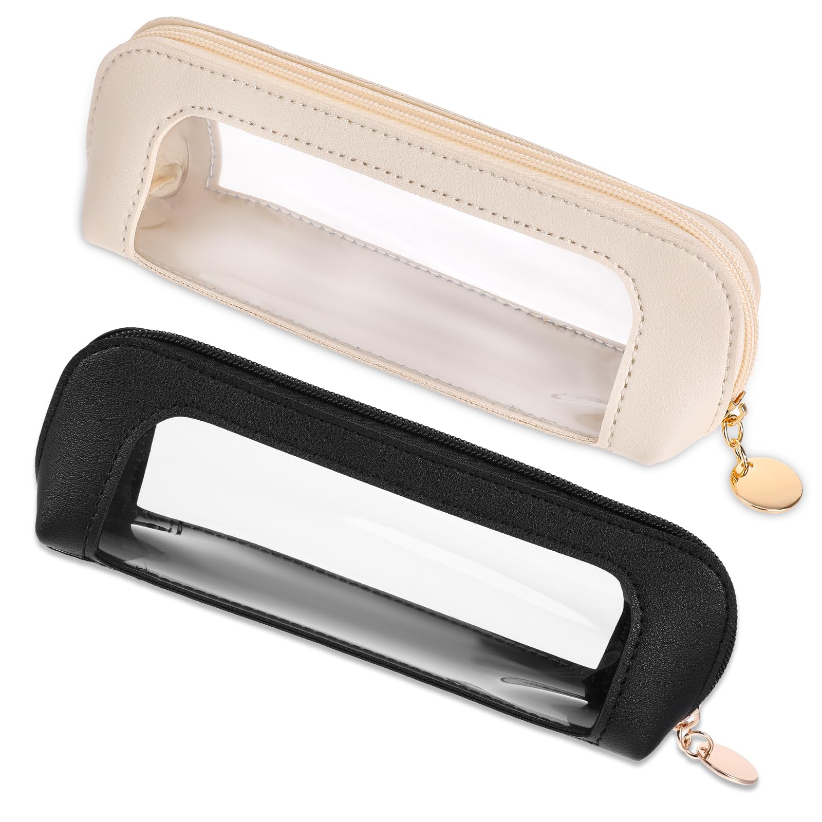 Small Clear Makeup Bag, 2 Pcs PU Leather Makeup Brush Bag Portable Transparent Waterproof Small Cosmetic Organizer Pouch with Zipper for Women Home Travel Office Cosmetic Storage (Beige, Black)