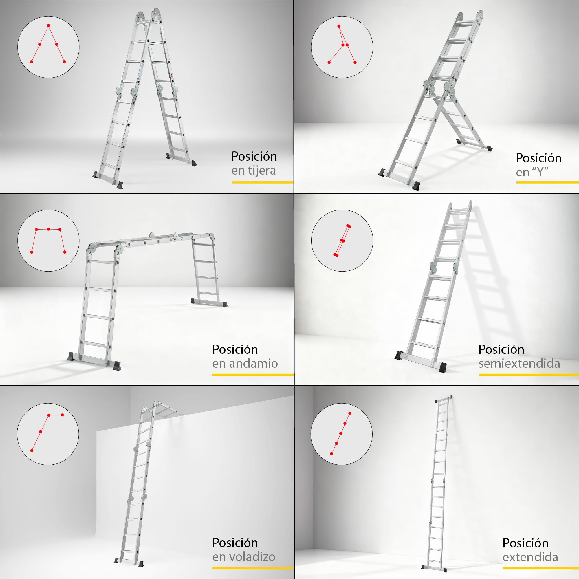 Escalera Multifunción Articulada Plegable de Aluminio de 4x4 hasta 4,70 Metros y hasta 150 kg
