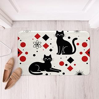Geometric Cat Kids Bath Mat,Modern Polka Dot Grid Mats Rugs,Girls Boys Room Decor,Mid Century Bohemia Bathroom Carpets,White Black Red Bath Rug,Absorbent Floor Mats,20Wx32L Inches