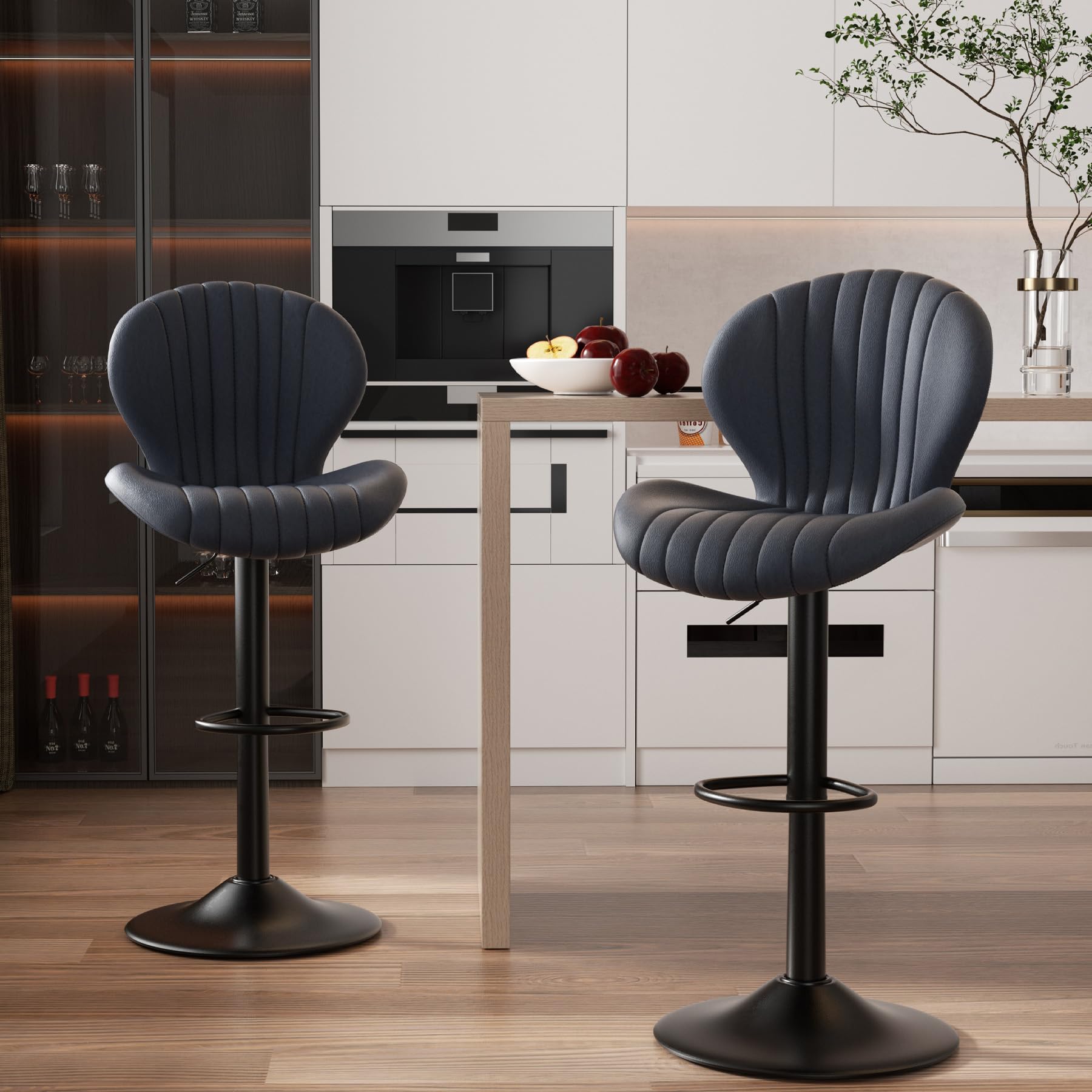 Nalupatio Modern Bar Stools Set of 2, Adjustable Fabric Upholstered Swivel Bar Chairs, Counter Height Barstools with High Backrest, for Bar Kitchen