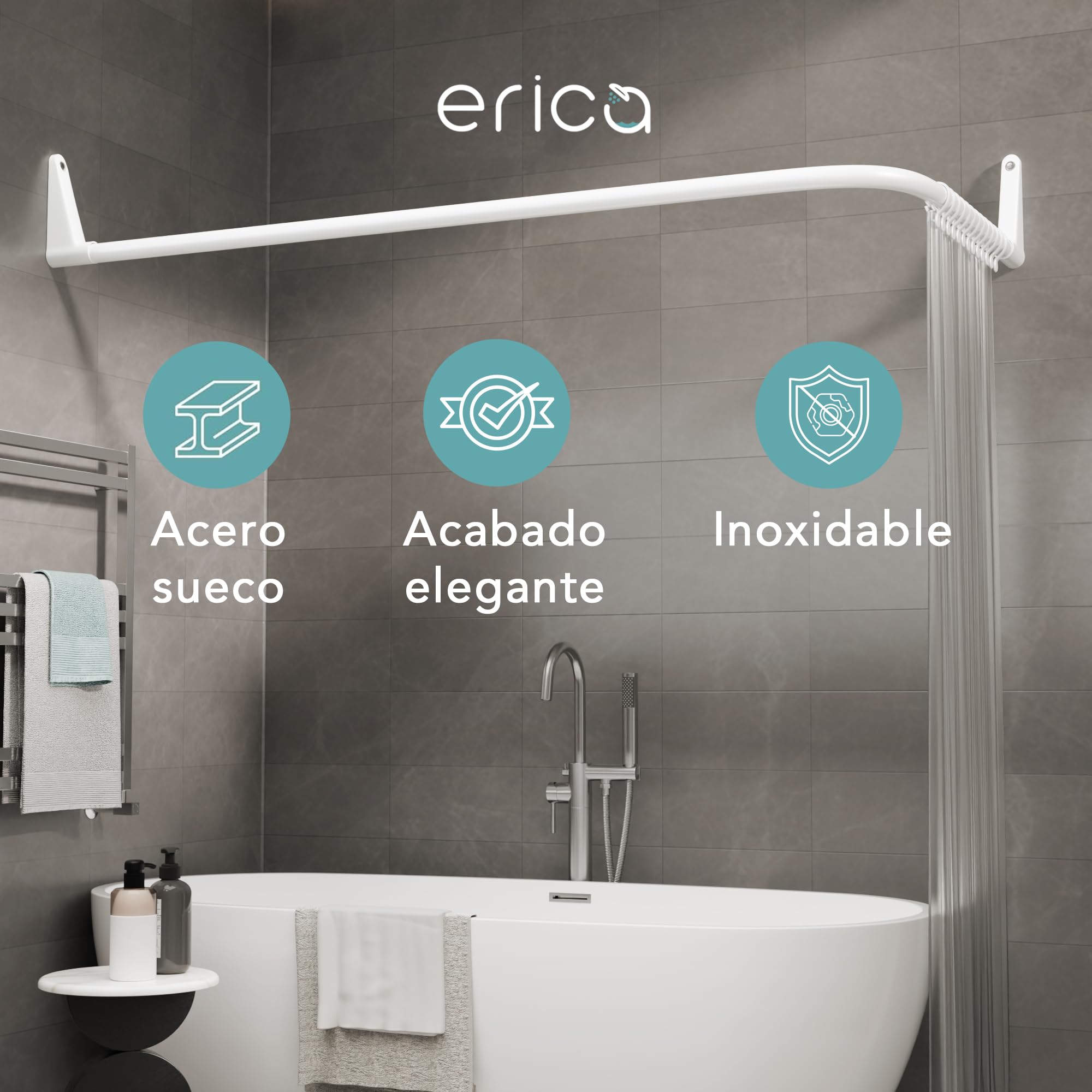 Erica Barra Ajustable en Forma de L para Cortina de Ducha de Bañera, Blanca | 70x90cm / 70x160cm / 90x140cm; Barra de Ducha con Montaje en Pared; Barra de Ducha Curva; Acero con Recubrimiento en Polvo