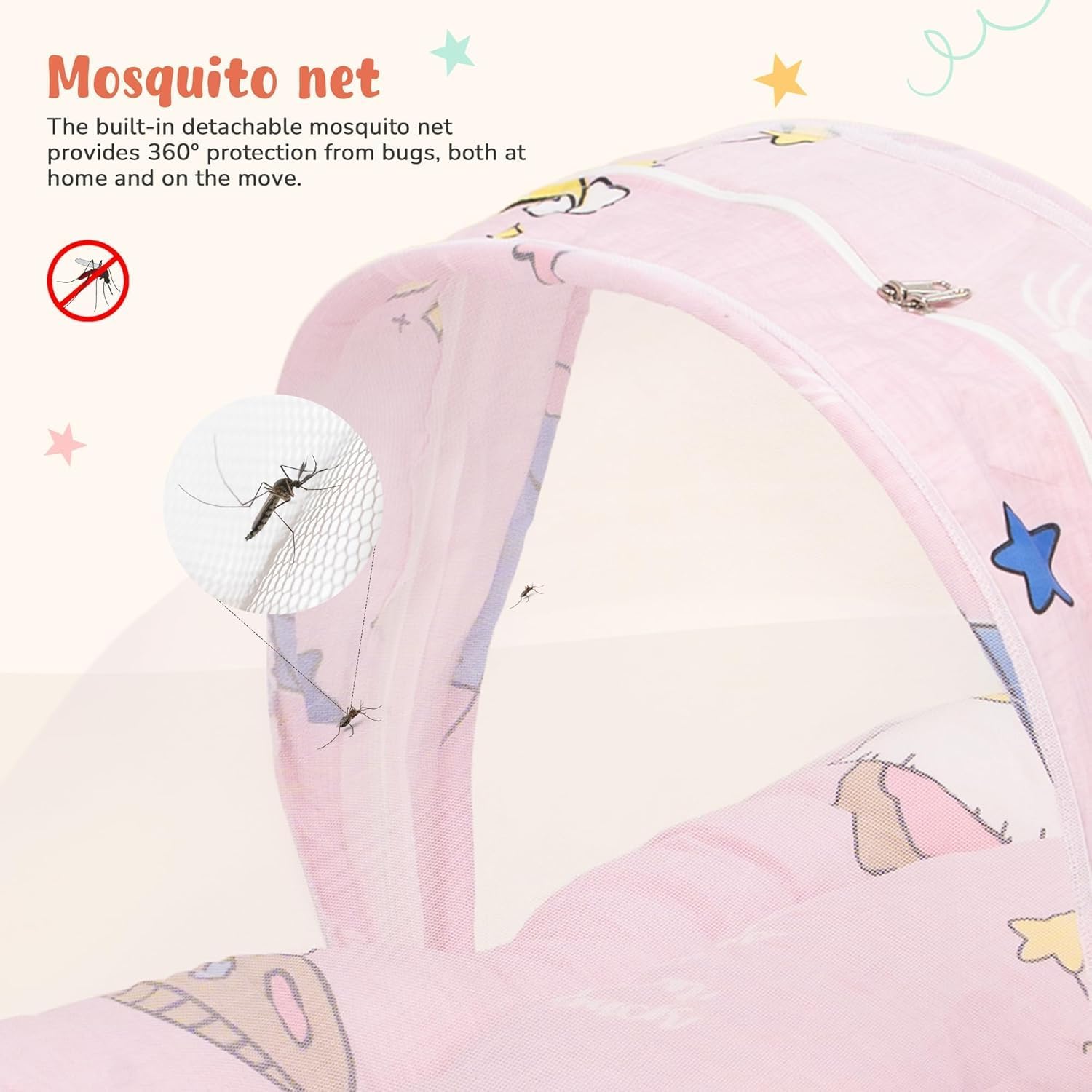 BAYBEE Baby Bedding Set with Mosquito Net, Mattress, Neck Pillow, 0-6 Months, Travel Friendly (Light Pink)