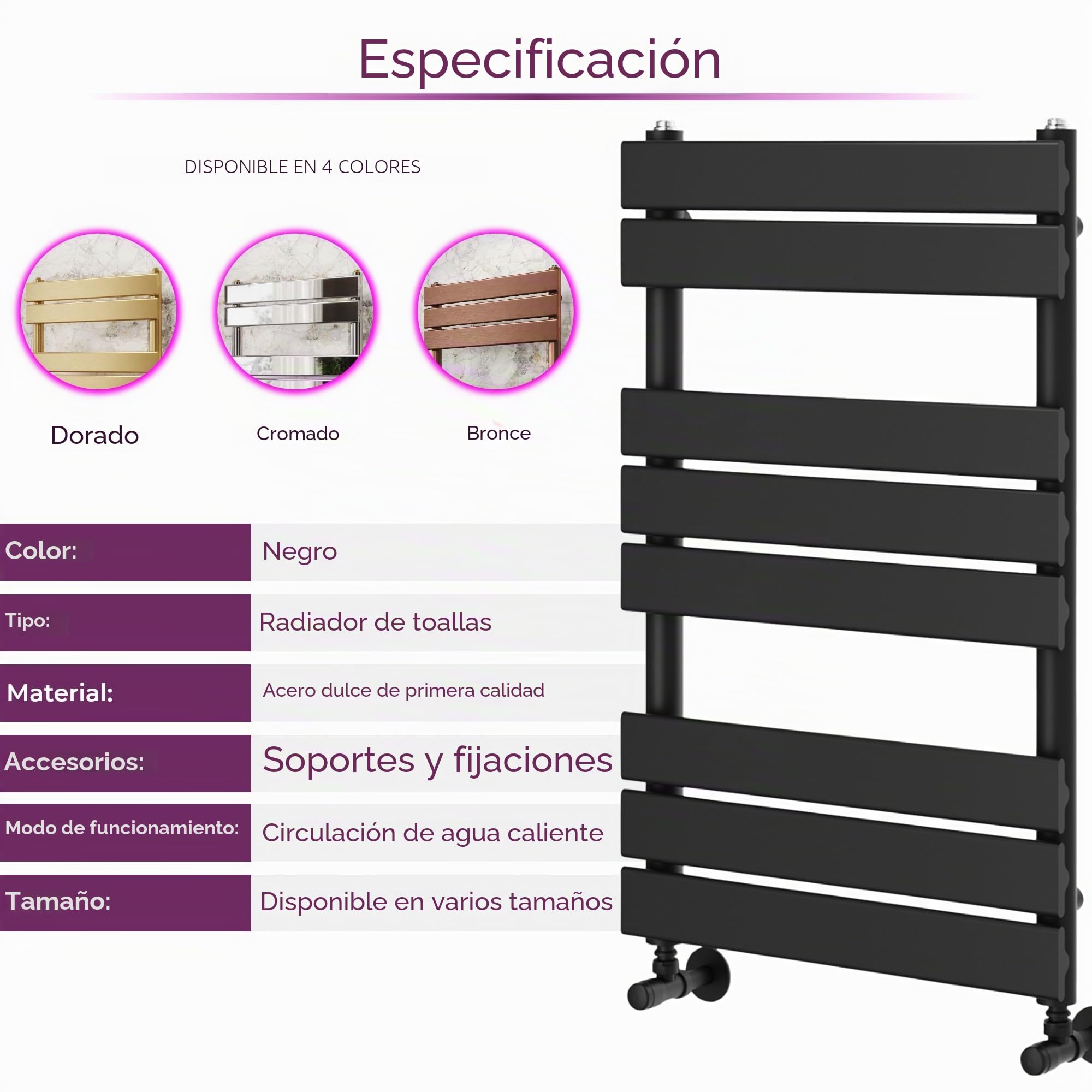 Go Bathrooms Ark - Toallero de 800 mm x 500 mm, color negro mate, radiador de baño, calentador de panel plano
