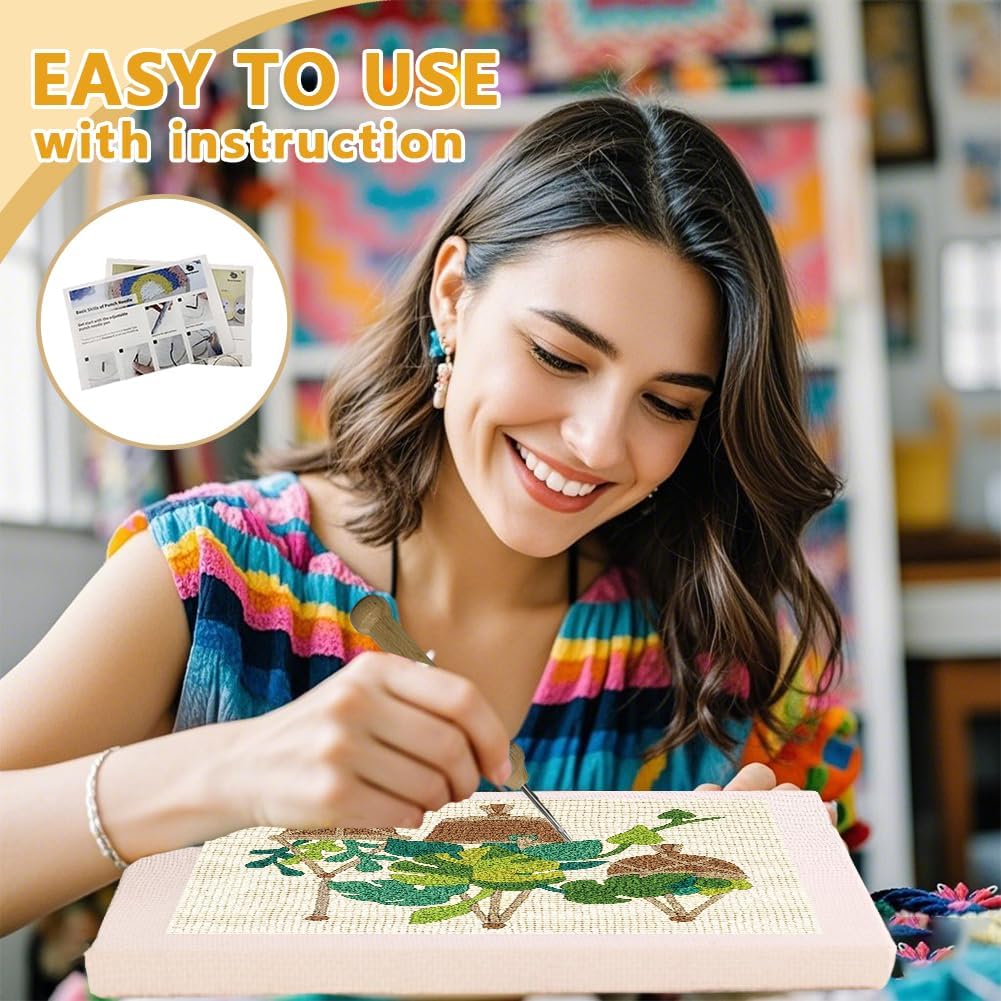DOODLREAM Monstera Deliciosa DIY Punch Needle Embroidery Kit for Adult Beginner, 9.4" Potted Plant Leaf Punch Stitching Craft Set for Starter with Frame,Fabric Pattern,Threader, Yarn, Pinch Needle