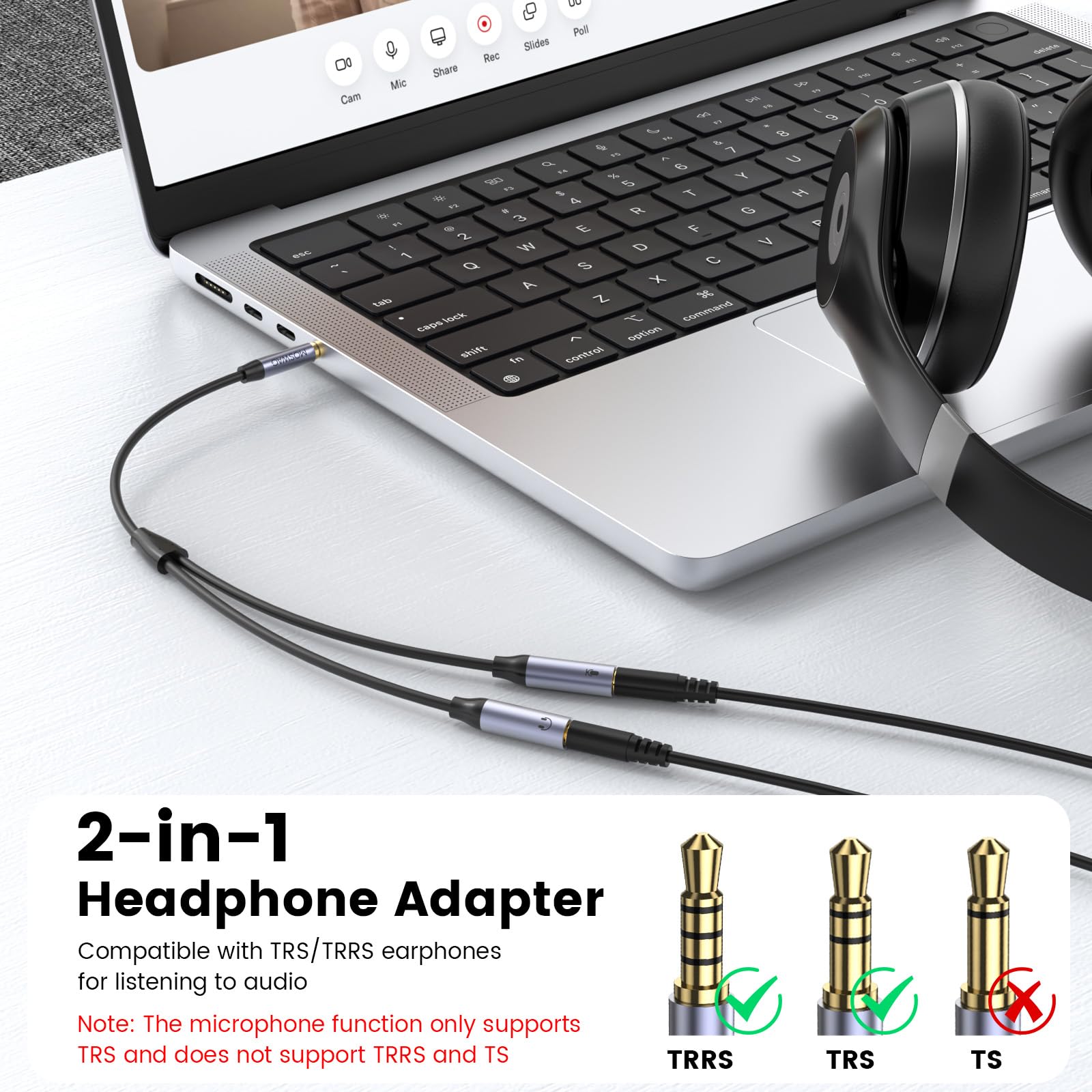 MOSWAG Adattatore per Microfono per Cuffie, 3,5 MM Aux Audio Y Splitter Cable, Cavo Splitter per Cuffie TRRS con Jack per Microfono Audio Separato per Laptop PS4 PC Tablet Gaming ecc
