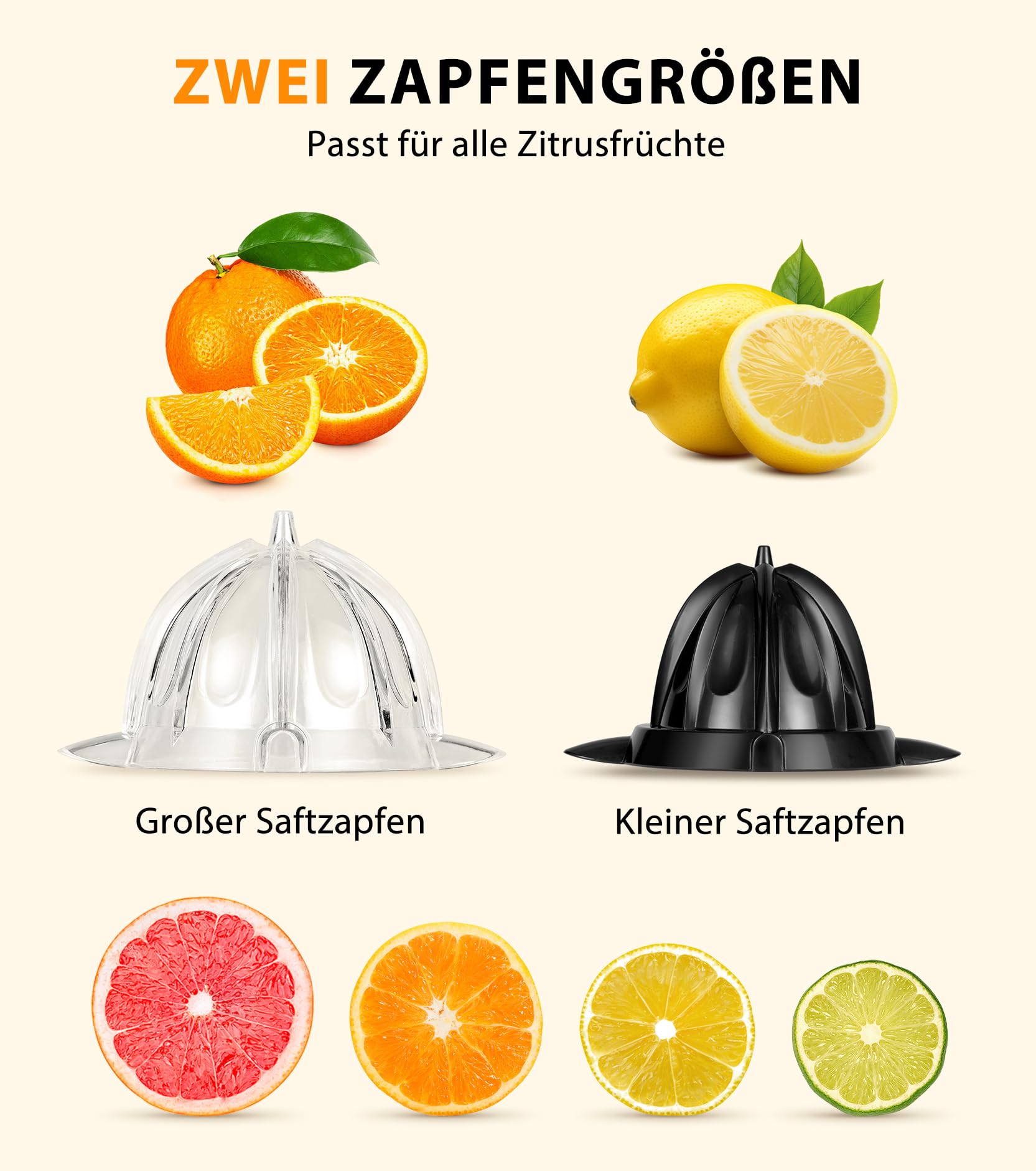 Elektrischer Zitruspresse, Zitrusentsafter mit 2 Aufsätzen und Soft-Griff für müheloses Entsaften, Geräuscharmer Edelstahl-Entsafter für Limette, Grapefruit & Zitrone, Schwarz