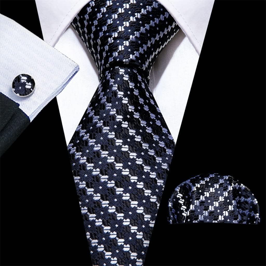 Men's Classic Black and White Check Tie Set Luxury Tie Formal Pocket Square Cufflinks Set Party Business