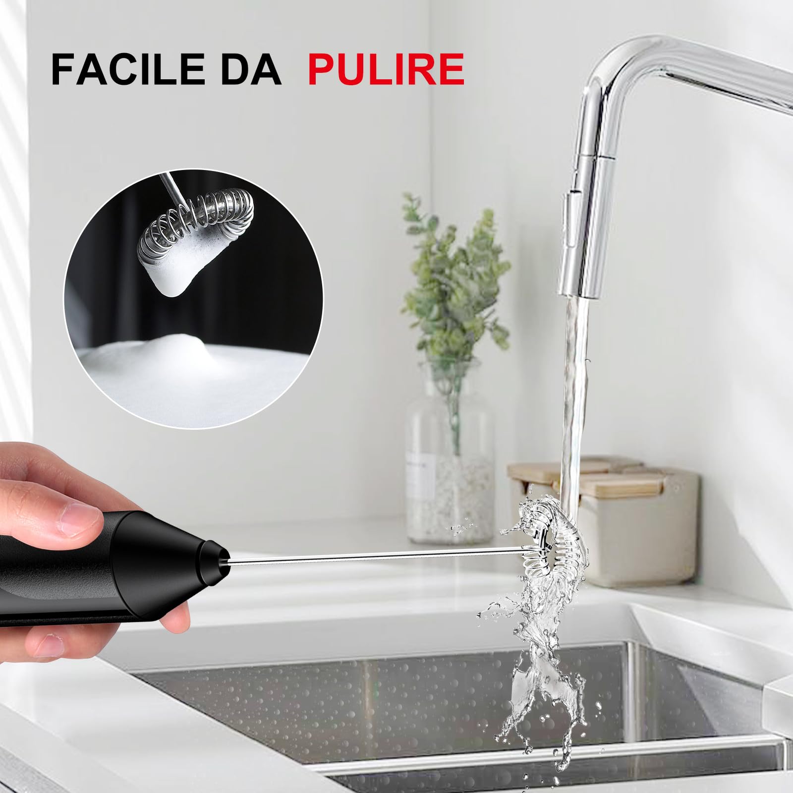 Bonsenkitchen Montalatte Elettrico, Frullino Montalatte con Frusta in Acciaio INOX, Funziona a Batteria, Potente Schiumalatte Elettrico per Caffè, Latte, Cappuccino, Matcha