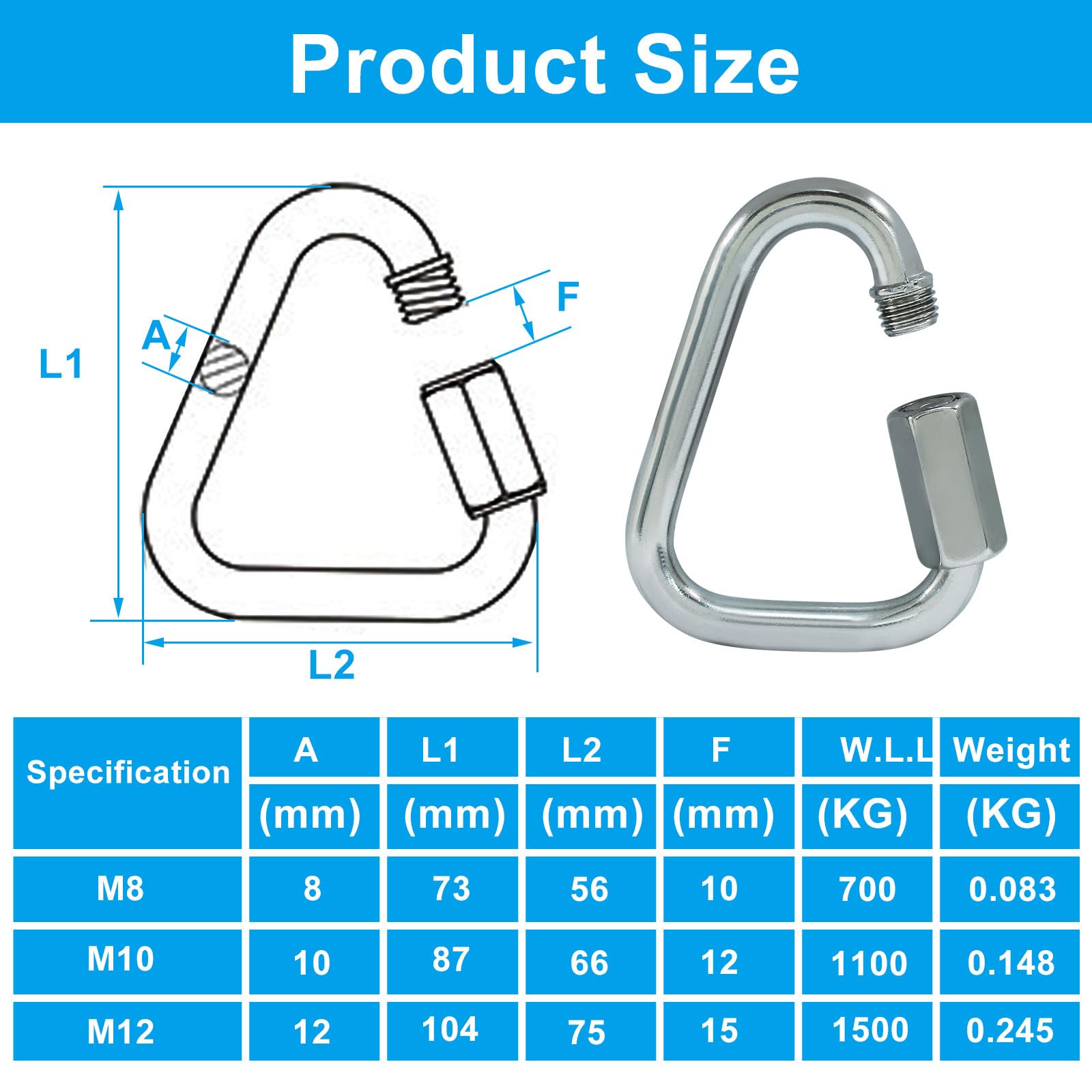 Confezione da 2 moschettoni triangolari M8 resistenti, in acciaio inox da 7,4 cm, con ganci di bloccaggio triangolari, connessioni rapide per campeggio e attrezzatura all'aperto