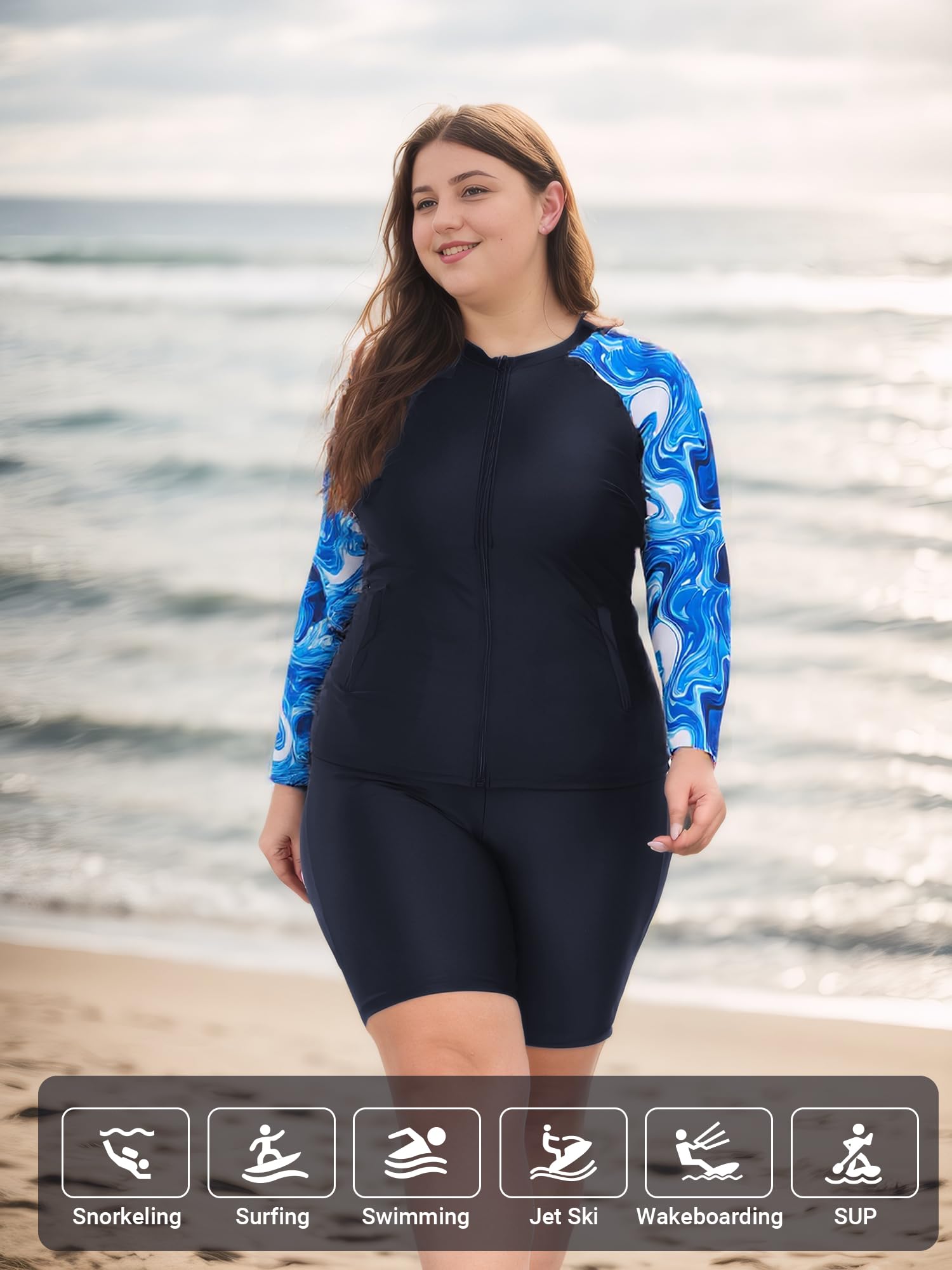 Owntop Damen Übergröße Rash Guard | 2-Teilige UPF 50+ Badeshirt | Langarm Reißverschluss Rashguard-Shirts & Hochtaillierte Boyshorts | Schnelltrocknend Badebekleidung Badeanzüge | Schwimmen Surfen
