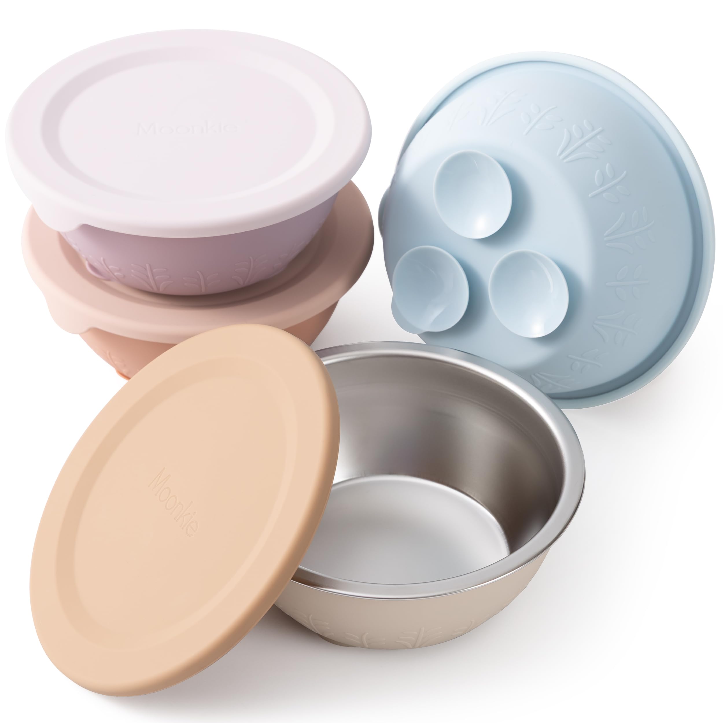 Moonkie Stainless Steel Baby Bowls with Silicone Lids & Suction Base | Seamless One-Piece Design | BPA-Free | 13oz | Dishwasher Safe | 4+ Months | 4 Pack (Blush/Misty Purple/Sky Blue/Shifting Sand)