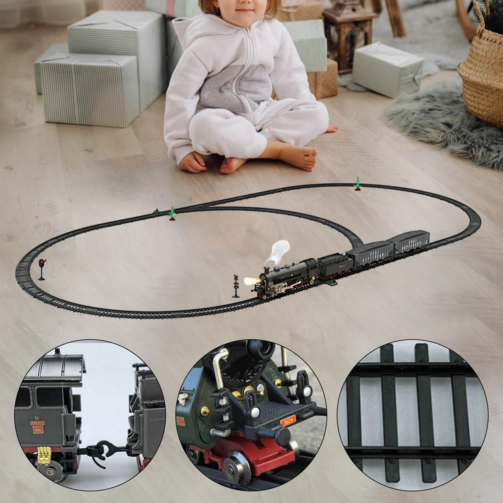 harayaa Tren Eléctrico Interactivo Retro con Locomotora de, Luces, Sonidos Auténticos Y Puertas de Aleación, Negro Gris