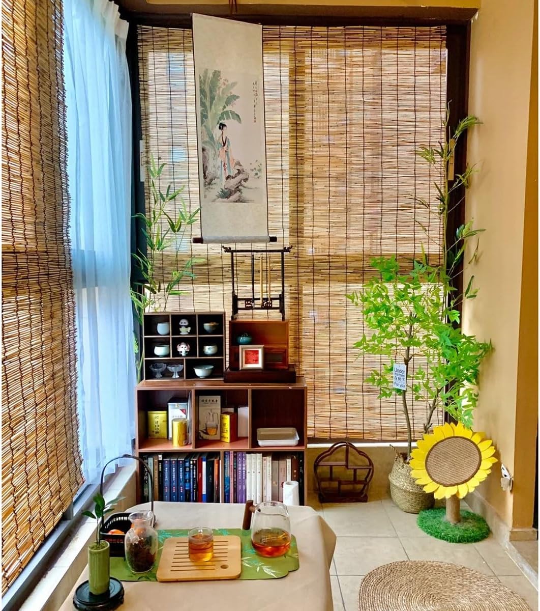 Bamboo Roll-Up Blind Shades 24" 36" 42" 48" 64" 68" 72" 76" 80" Cordless Patio Roller Outdoor Bamboo Roman Shades, Blackout Anti-UV and Waterproof Privacy, Lifting(80" W x 64" H)