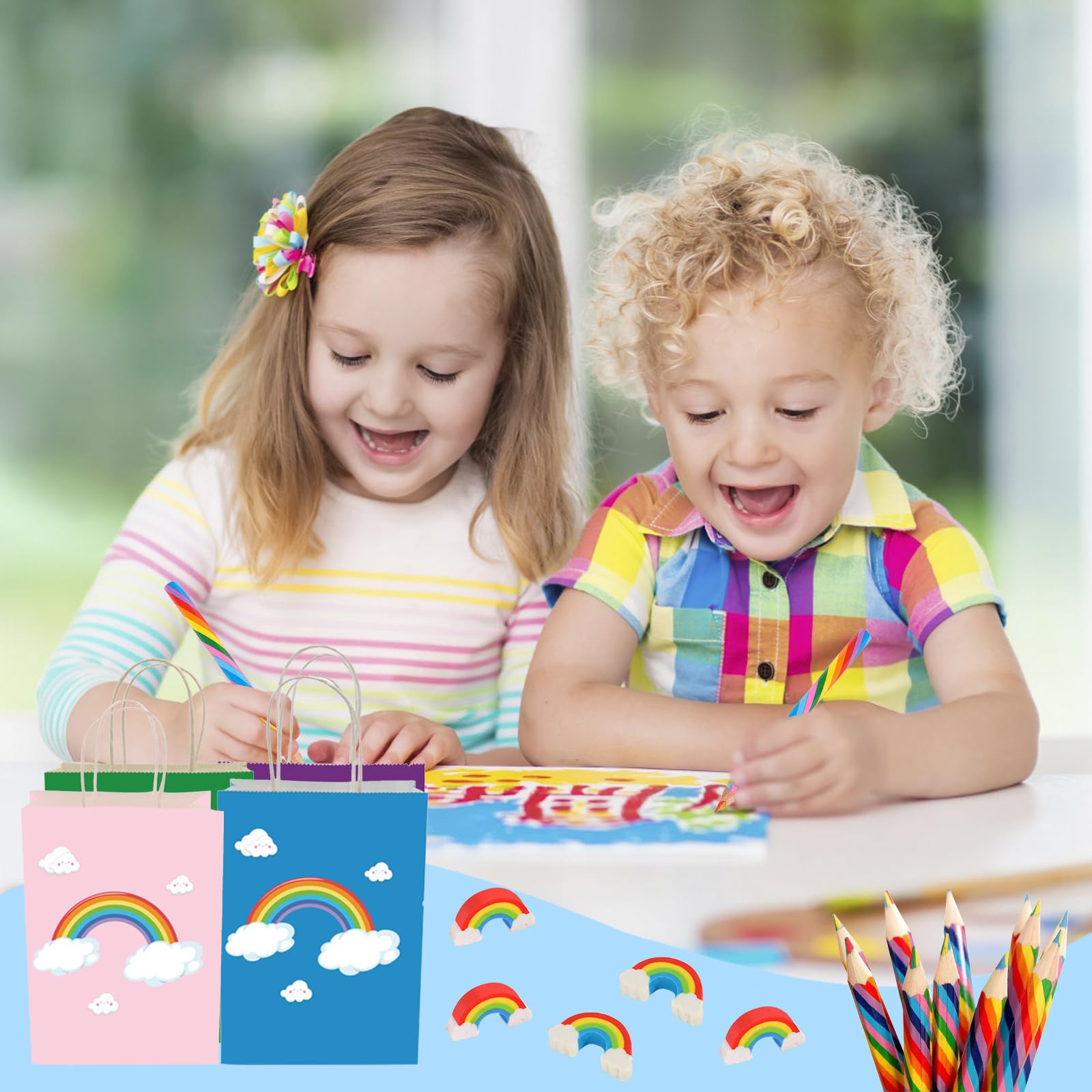 Set Festa Arcobaleno 48 Pezzi: 12 Matite Colorate, 12 Gomme, 12 Palline Rimbalzine E 12 Sacchetti – Ideale Per Compleanni E Feste - 2