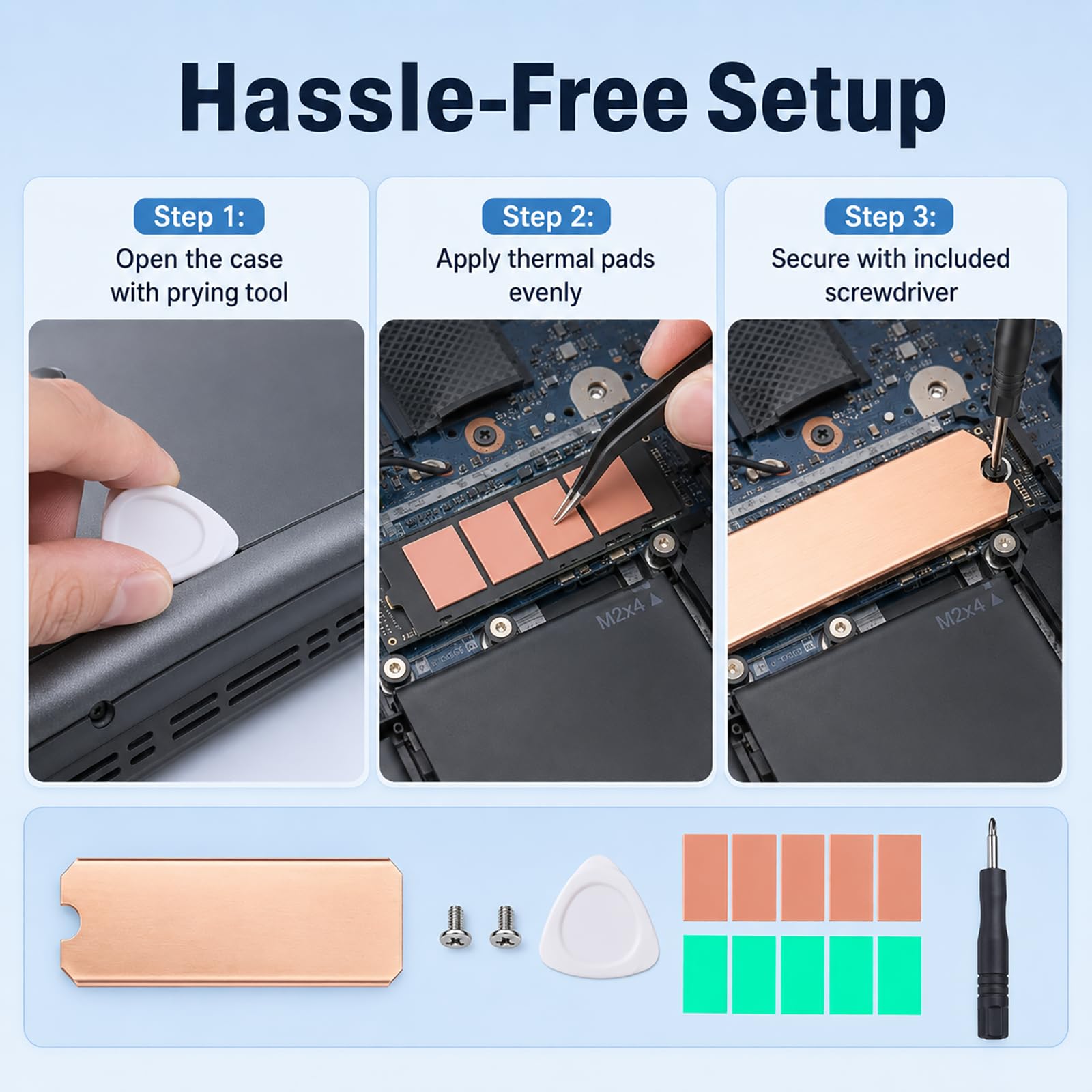 Kühlkörper M.2 SSD 2280 NVMe, Kupfer-Kühlkörper, reines Kühlset mit Silikonpads für Laptop und Desktop-PC, komplettes Set für Wärmeableitung, hohe Leistung