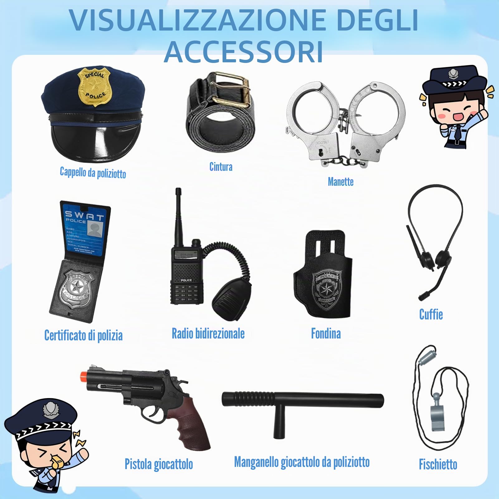 Costume da polizia per bambini e bambine, 14 pezzi, con cappello della polizia, manette, cavezza e fischietto della polizia, giocattolo della polizia per ragazze, Halloween, giocattoli per
