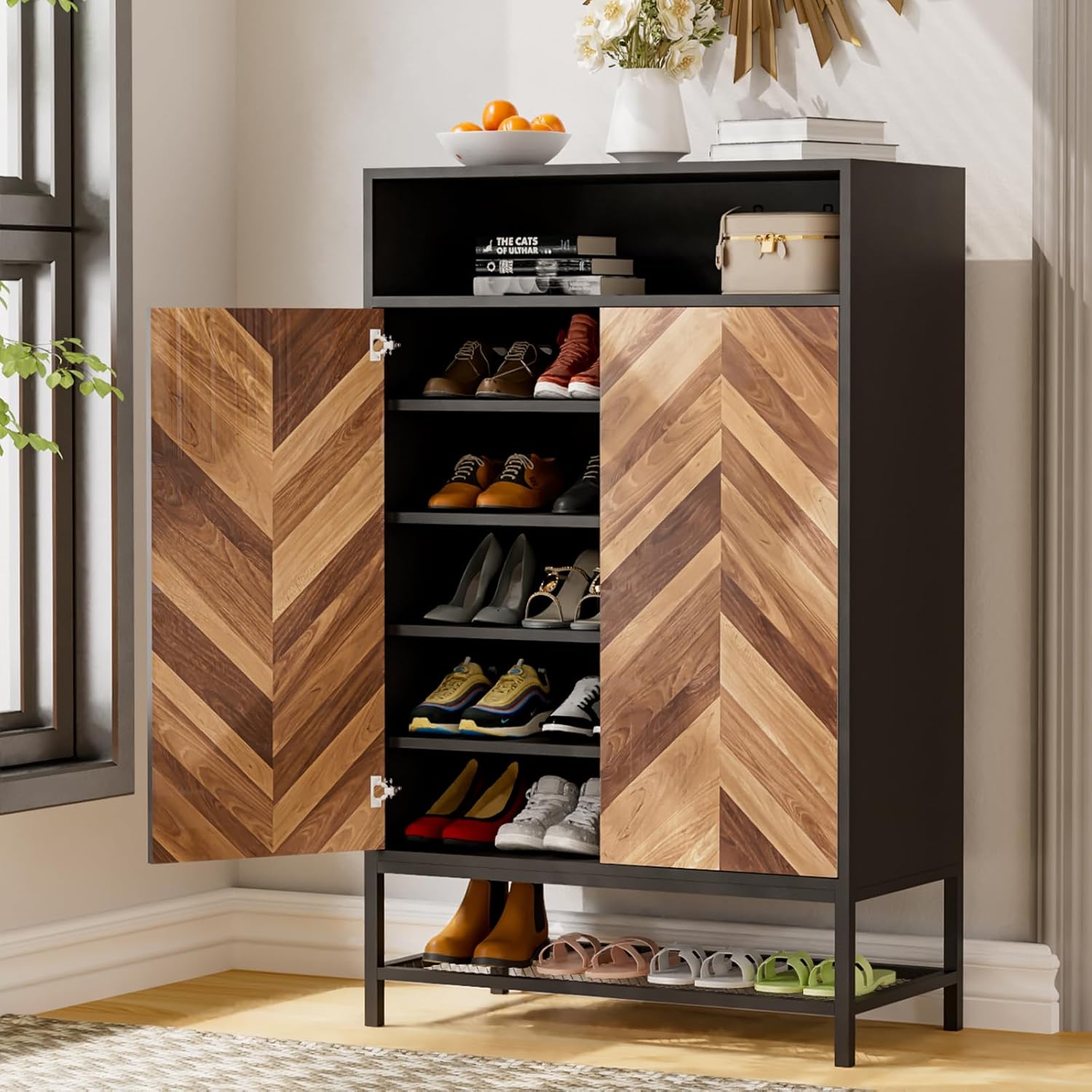 Closed Shoe Cabinet Storage for Entryway, 24 Pair Wood Shoes Rack with Doors, 46" Tall Shoe Organizer with Adjustable and Removable Shelves, 7-Tier Hidden Cabinets with Metal Base, Black
