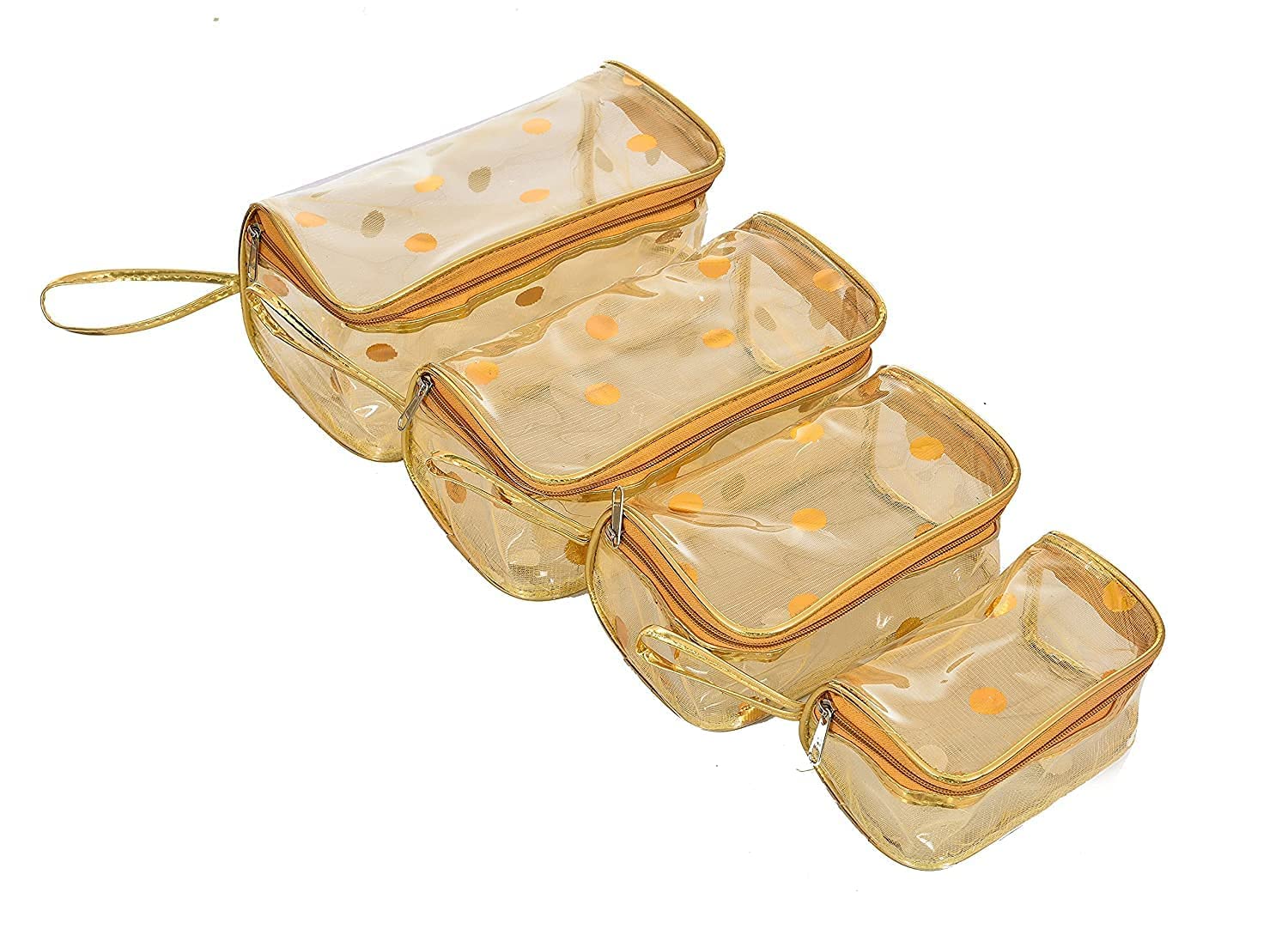 STACKRAID Set of 4 Multipurpose Transparent Travel Pouch Makeup Toiletry Kit Bag Pouch for Women Makeup Organizer Bag Vanity, Shaving Kit Toiletry Bag for Men -(White Checks -2) (Gold dots)-image-40