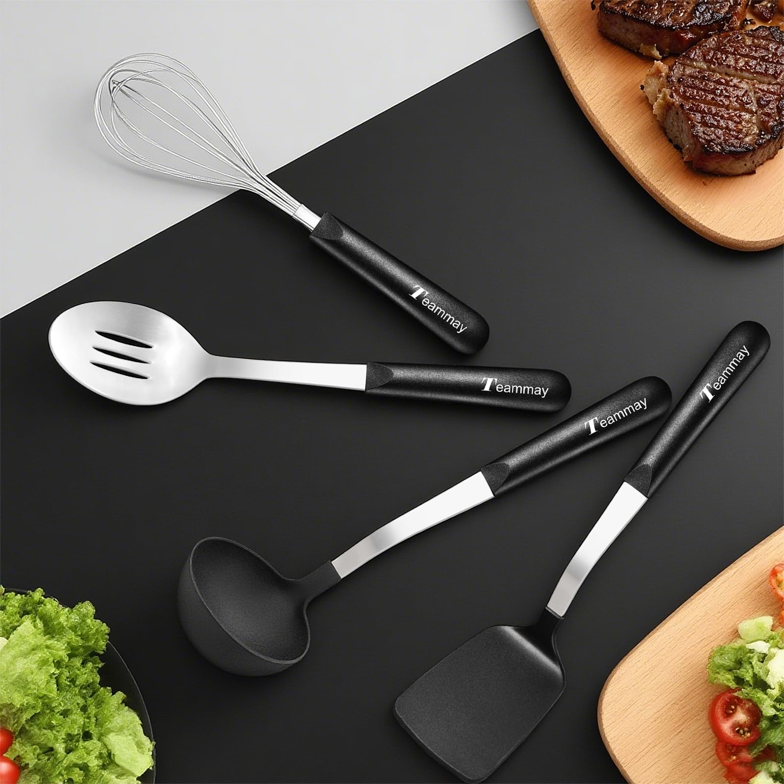 4-teiliges Kochutensilien-Set, Edelstahl-Löffel, Schneebesen, Küchenutensilien, 34,9 cm, massiver Pfannenwender, Schöpfkelle, hitzebeständiger PP-Griff zum Wenden, Mischen, Servieren (schwarz)