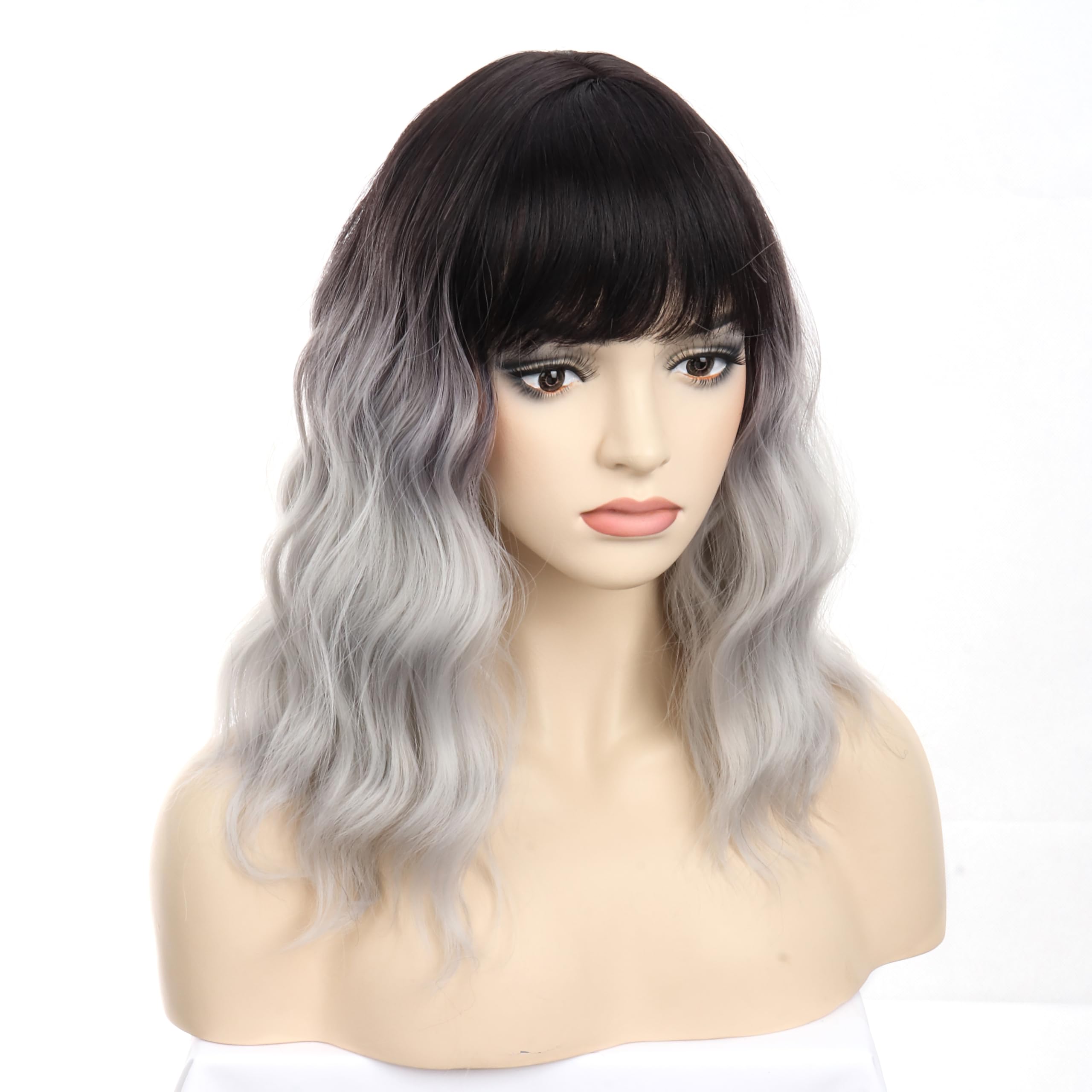 Colorfulpanda Short Ombre Silver Grey Wavy Bob Wigs with Fringe for Women Natural Shoulder Length Heat Resistant Synthetic Hair for Daily Use and Cosplay 14 inch - Image 3