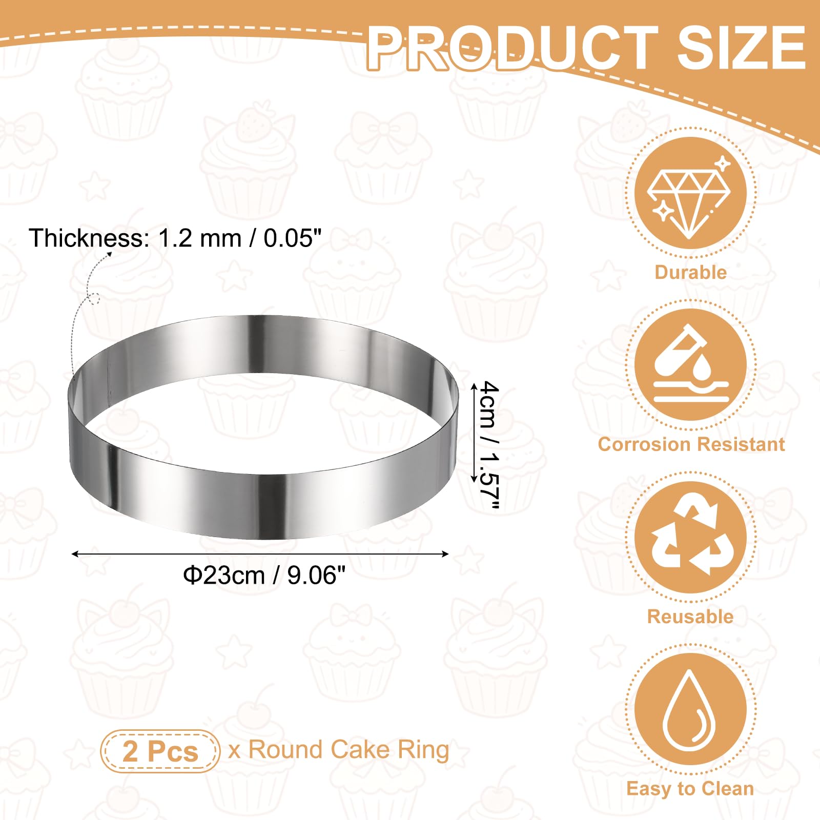sourcing map 2 anelli rotondi per torte, 23 cm x 4 cm, in acciaio inox, senza cuciture, per dessert, mousse, strumenti da forno per torte, palline di riso, sushi, pancake, mousse e pasticceria