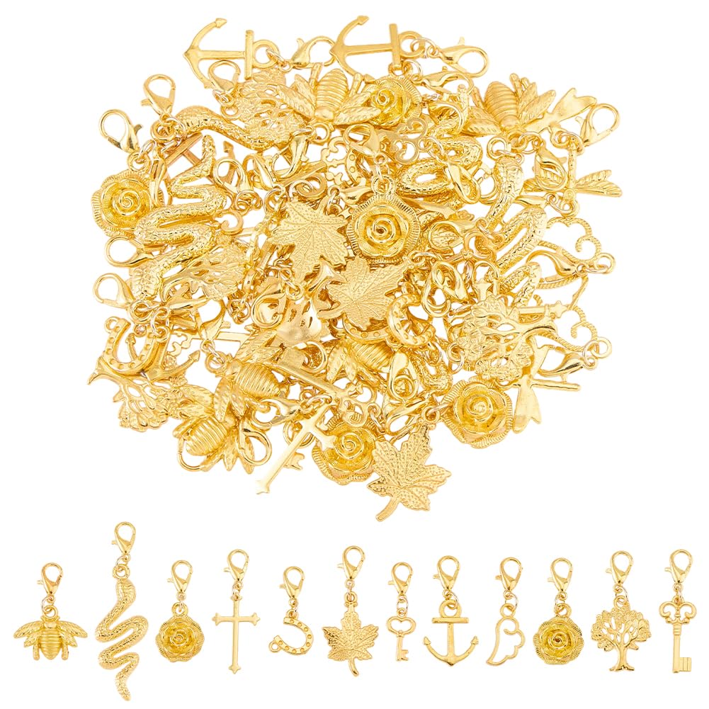 DICOSMETIC 60Pcs 12 Styles Golden Clip on Charm Pendants Mixed Shaped Dangle Charms Small Stitch Marker Shoe Charm Animal Flower Charms with Alloy Lobster Claw Clasps Purse Bag Pendants Accessories