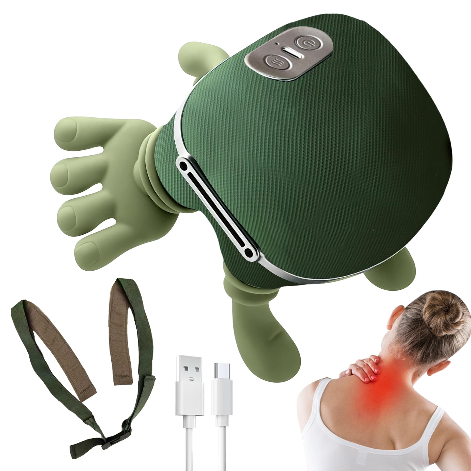 Masajeador de espalda, masajeador de cuello 4D Real Hands con calor, 3 velocidades y 2 niveles de calor, masajeadores eléctricos de hombros con diseño de mano simulada para aliviar el dolor