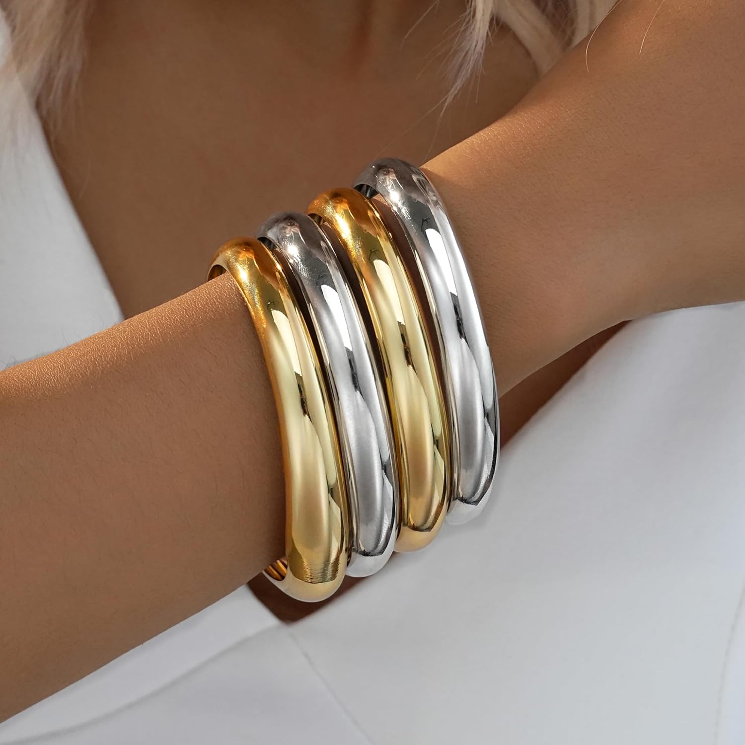 YEEZII Gold Bangle Bracelets for Women, 7Pcs 14K Gold Plated Boho Indian Multi Stackable Textured Bracelets, Chunky Bangles Set for Women Jewelry Gifts - Image 7