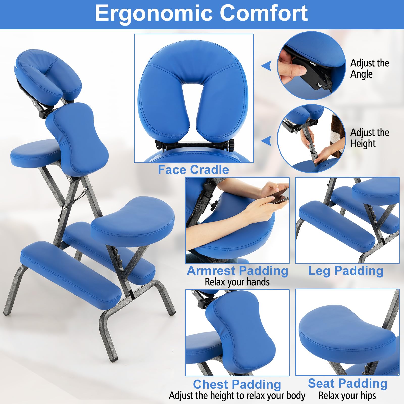 GOPLUS - Silla de masaje plegable con altura ajustable 110-120 cm, cojín con 24D esponja elástica de buena recuperación, diseño ergonómico, bolsa de transporte, carga 150 kg (azul)