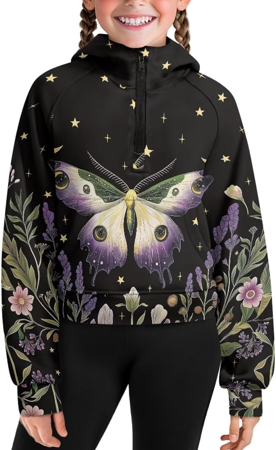 Capybara Flower Girl's Cropped Hoodies Long Sleeve Half Zip Sweatshirts for Kids Pullover Top Graphic Sweater Coat