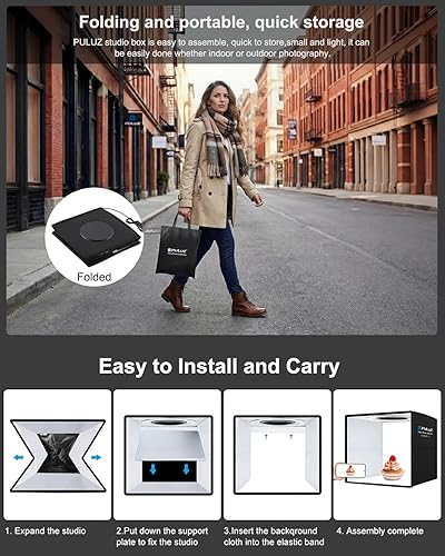 Miniatura 7 de Caja de estudio fotográfico, PULUZ caja de luz plegable de 40 cm con anillo de luz LED de 160 luces, kit de tienda de campaña portátil