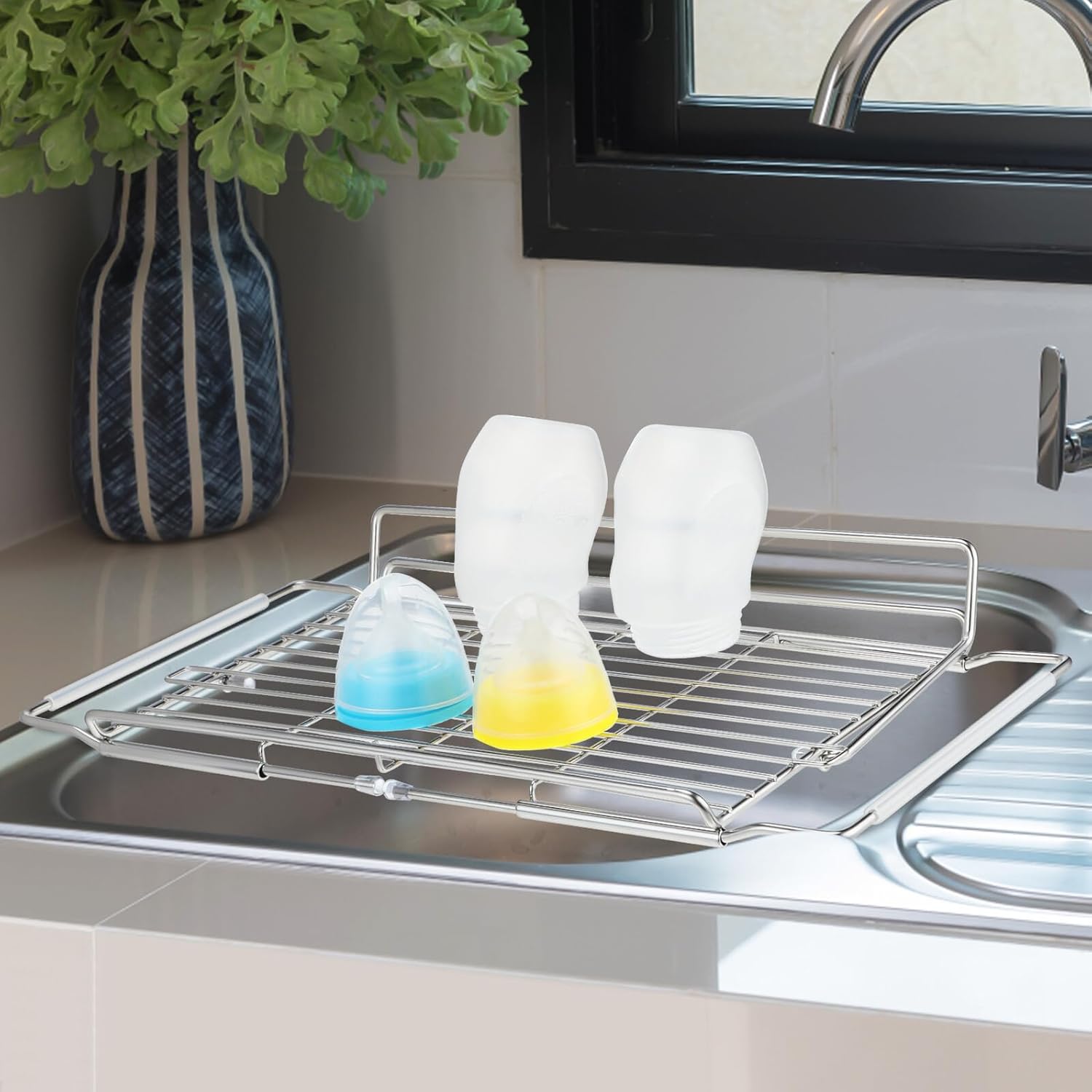 Cabilock Expandable Stainless Steel Kitchen Sink Dish Drying Rack with Utensil Holder, Adjustable Over Sink Storage Shelf for Household Dish Organization