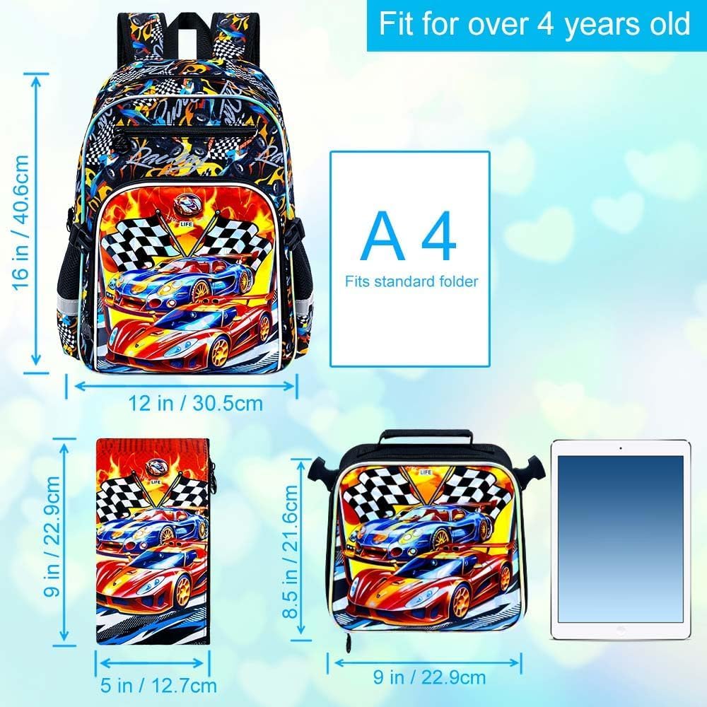 16" Race Cars Backpack for School, 3Pcs Boys Bookbag with Lunch Box, Kids Backpacks Set for Elementary Preschool Kindergarten (Fire)