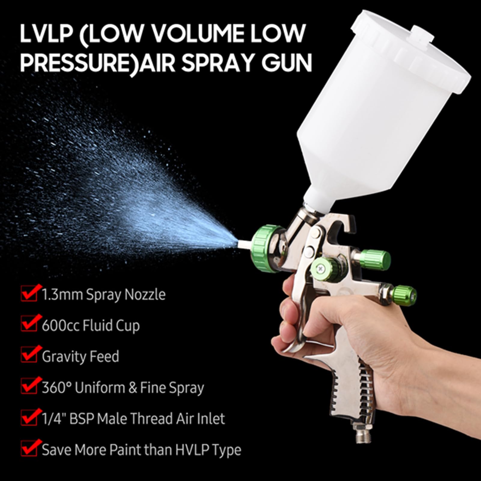 Pistola Verniciatura LVLP Professionale 600ml con Serbatoio Integrato, Spruzzatore per Pittura Auto e Carrozzeria, Kit Accessori con Filtro, Spazzola e Chiave