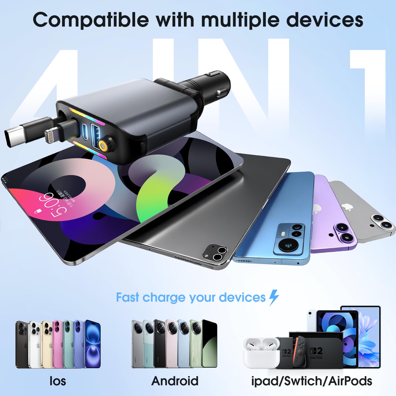WHATOOK 4 W 1 zapalnik papierosów USB C ładowarka samochodowa: [75% mniejsza][Sternenhimmel LED] 66W KFZ Auto szybka ładowarka Adapter z wciągalnym kablem typu C/USB C/USB A, 12/24V dla iPhone/Samsung