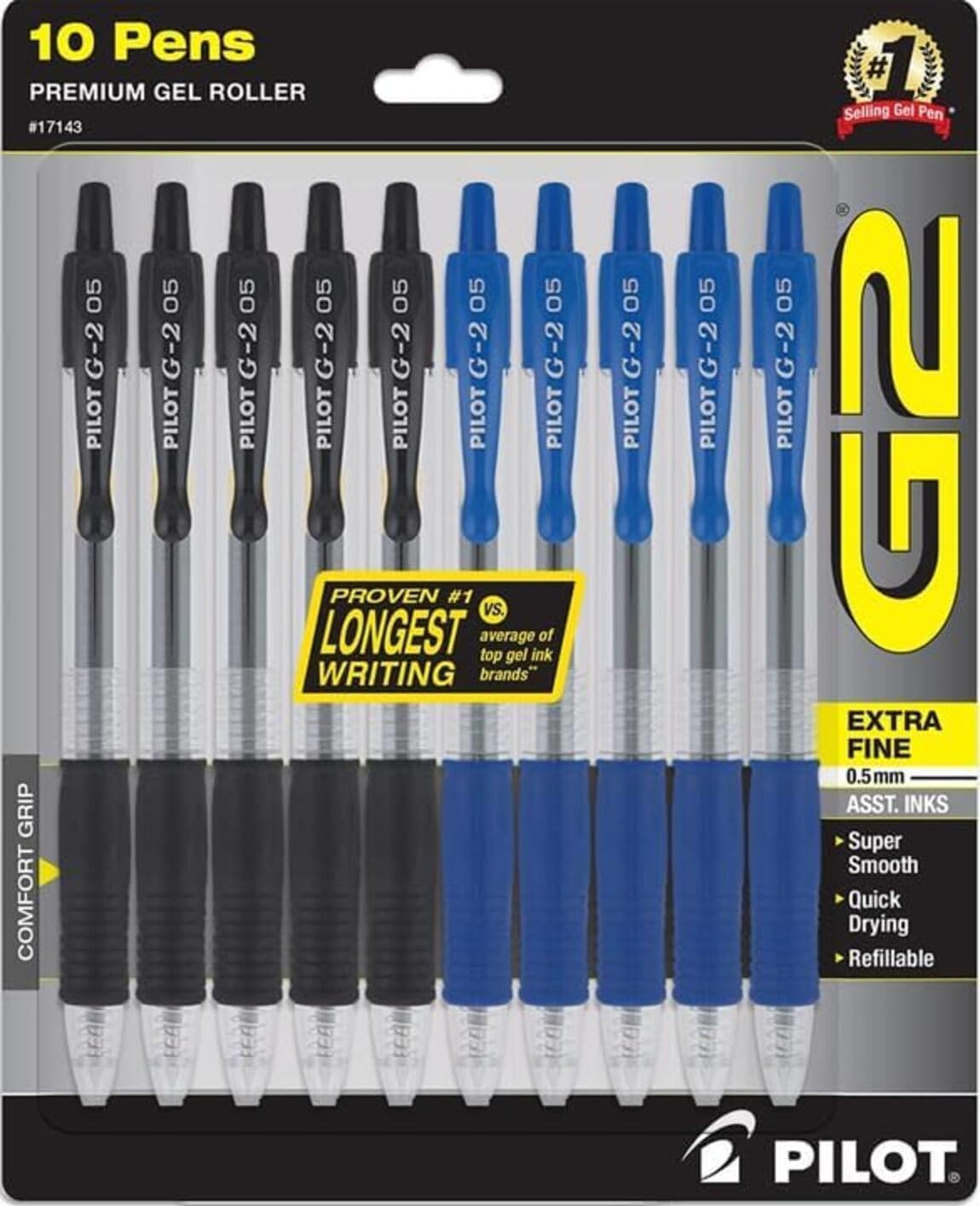 PILOT G2 Premium Gel Roller Pens, 0.5mm Extra Fine Point Smooth Writing Pens, 5 Black & 5 Blue, 10 Pack