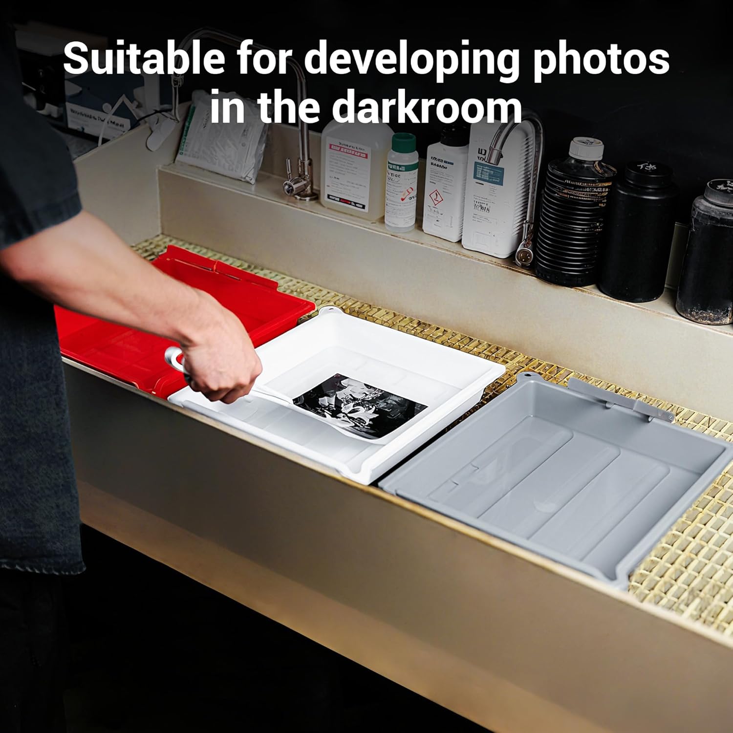 JJC Darkroom Developing Tray for 10x12” Photo Paper Prints, Set of 3 Colored Film Processing Trays with Silicone Tongs, Ribbed Base & Thermometer Corner, Durable PP Plastic (Gray, White, Red)
