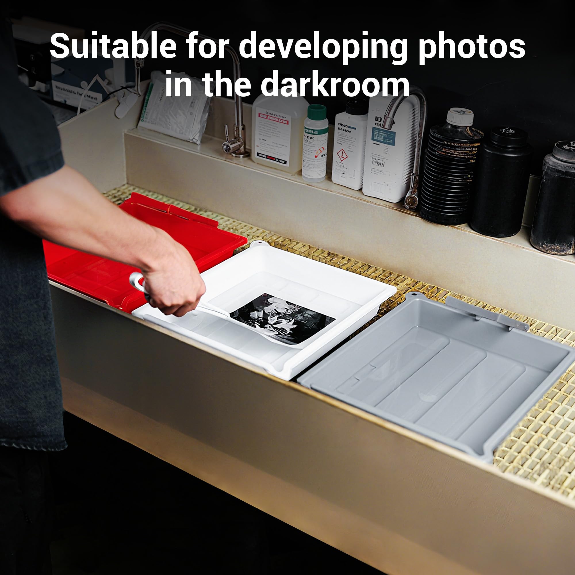 JJC Darkroom Plateau de développement de film pour impression photo avec clip en silicone, port de drainage et fente pour thermomètre, 33,4 x 38,4 cm, blanc
