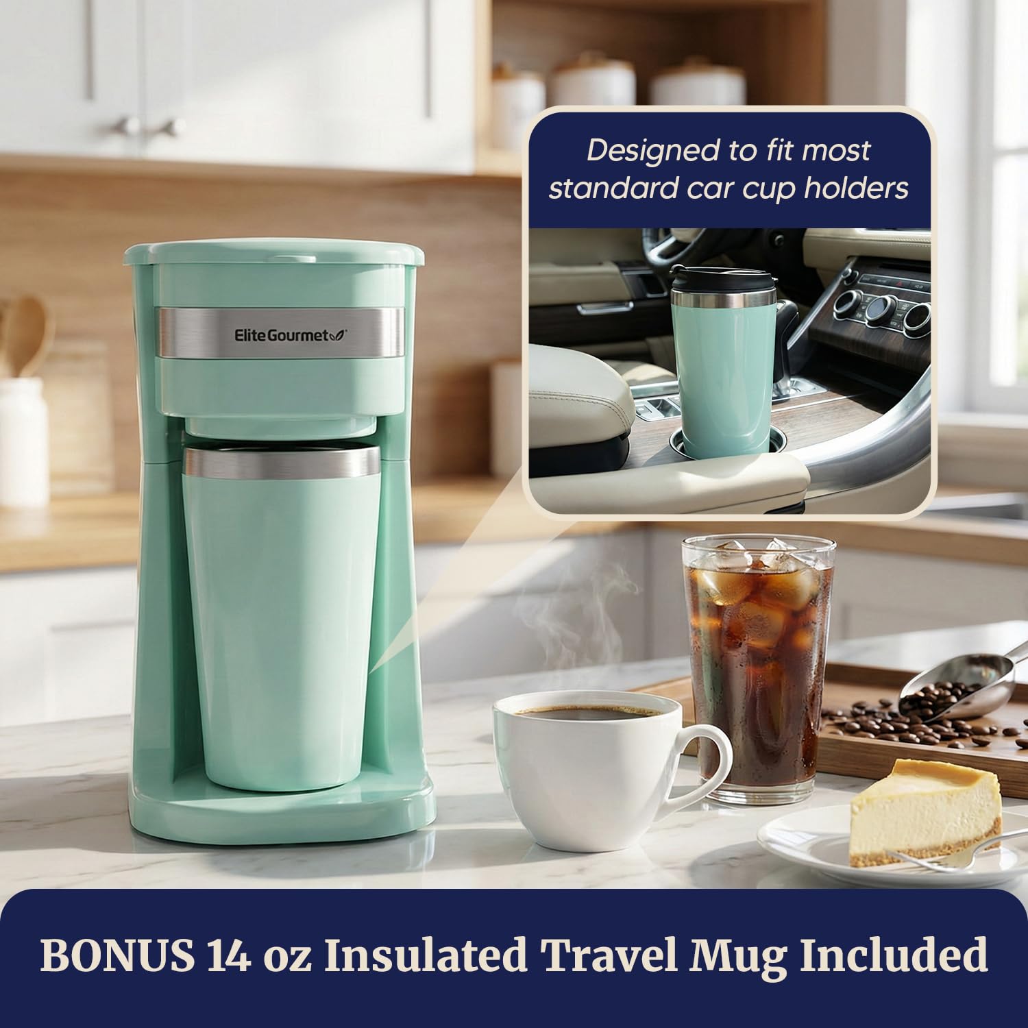 Amazon.com: Elite Gourmet EHC113M Personal Single-Serve Compact Coffee  Maker Brewer Includes 14Oz. Stainless Steel Interior Thermal Travel Mug,  Compatible with Coffee Grounds, Reusable Filter, Mint: Home & Kitchen
