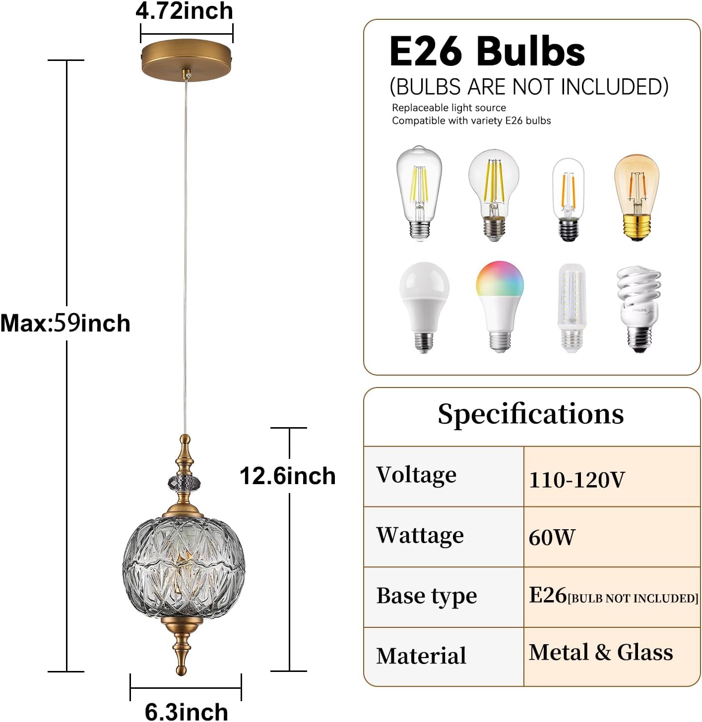 Vintage Grey Glass Pendant Light Fixtures E26 Bulb Pendant Lights for Bedroom Living Room Dining Room Kitchen Island Hallway