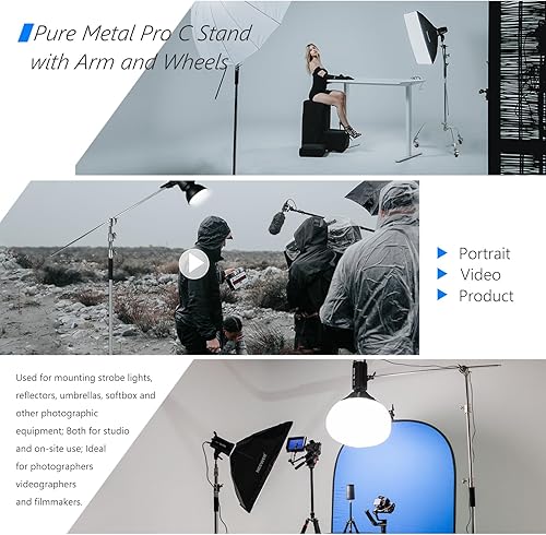 Miniatura 7 de NEEWER Soporte de luz Pro 100% metal C con ruedas, altura máxima 10.8 pies/129.9 in soporte reflector ajustable con brazo de pluma de 4 pies/47.2 in