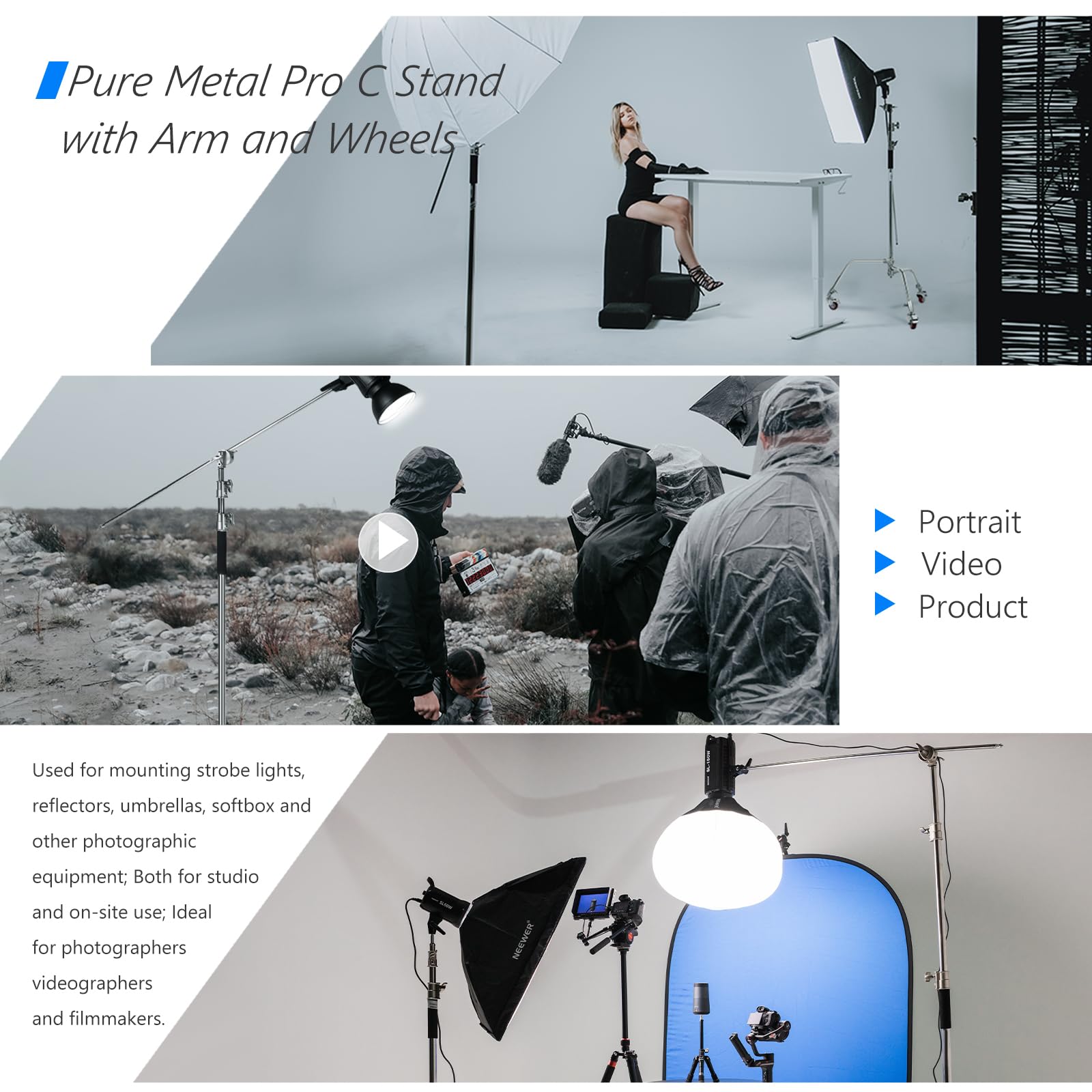 NEEWER C Stand Stativo Luce con Ruote in Metallo 100% Pro, Altezza Max 330cm Supporto Riflettore Regolabile con Braccio Boom da 120cm e 3 Ruote per Riflettore Video Studio Fotografico, Monoluce, ecc.