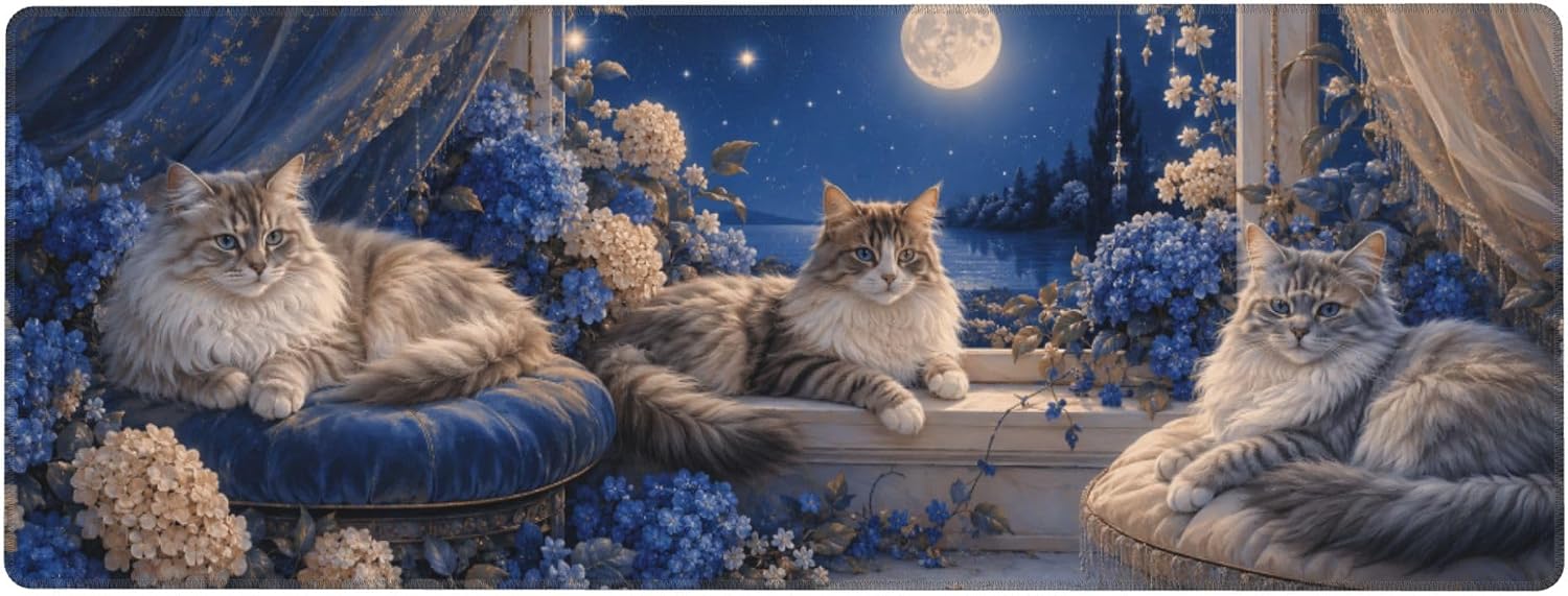 Blue Cat Floral Gaming Mouse Pad Mouse Pads for Desk 11.8x31.5 in