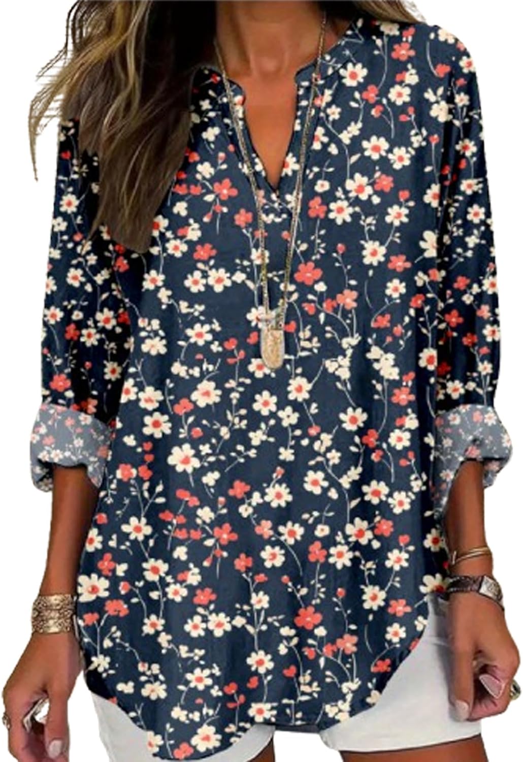 Boho Tops for Women V Neck Long Sleeve Boho Blouses Dressy Round Hem Tunic Casual Vintage Floral Tops for Leggings